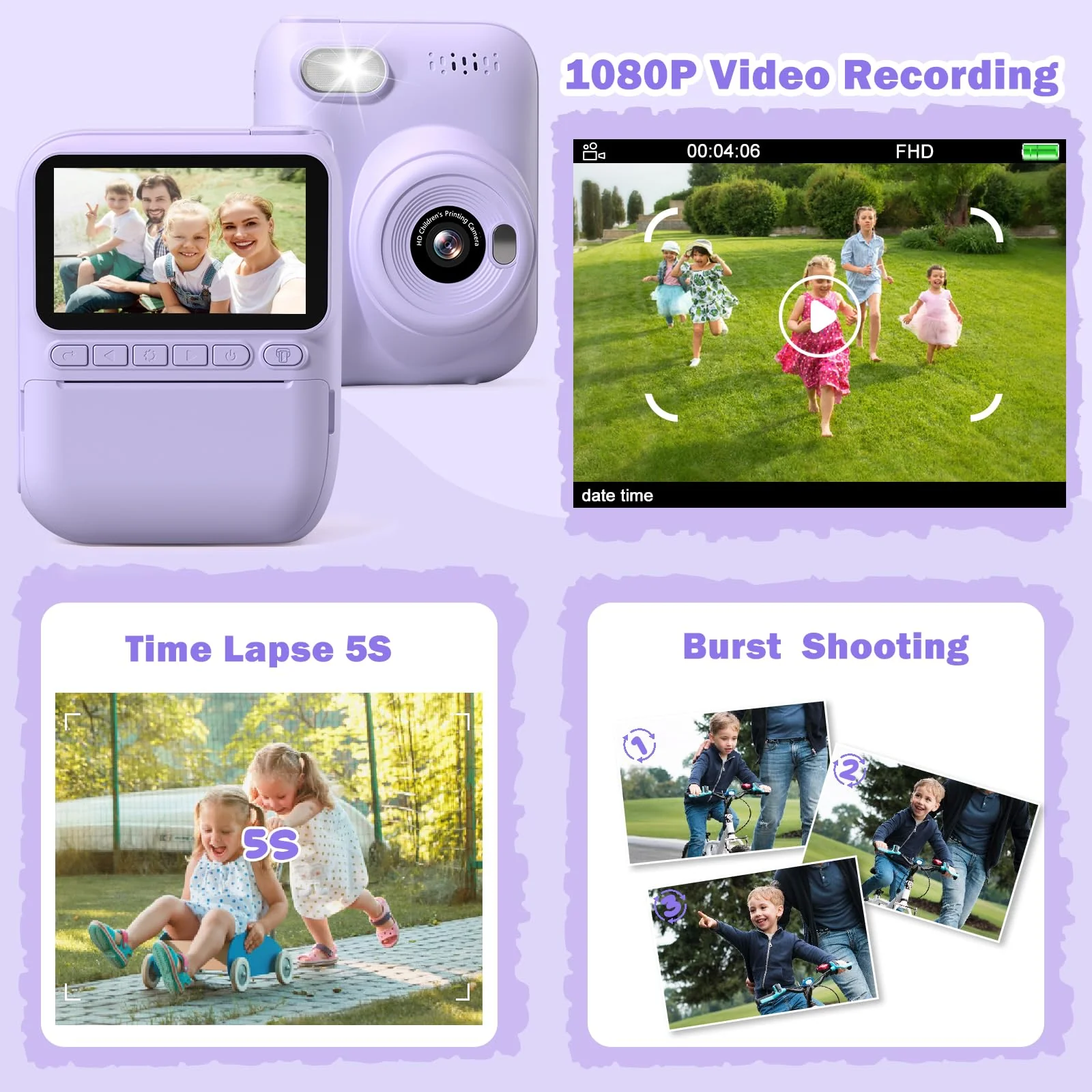 Kids Camera Instant Print,3.0 HD 1080P Digital Video Cameras with Printing Paper,Christmas Birthday Gifts for Toddler Boys Girls,for 3 4 5 6 7 8 9 10 Year Old Portable Toy(Purple) Purple - Image 4