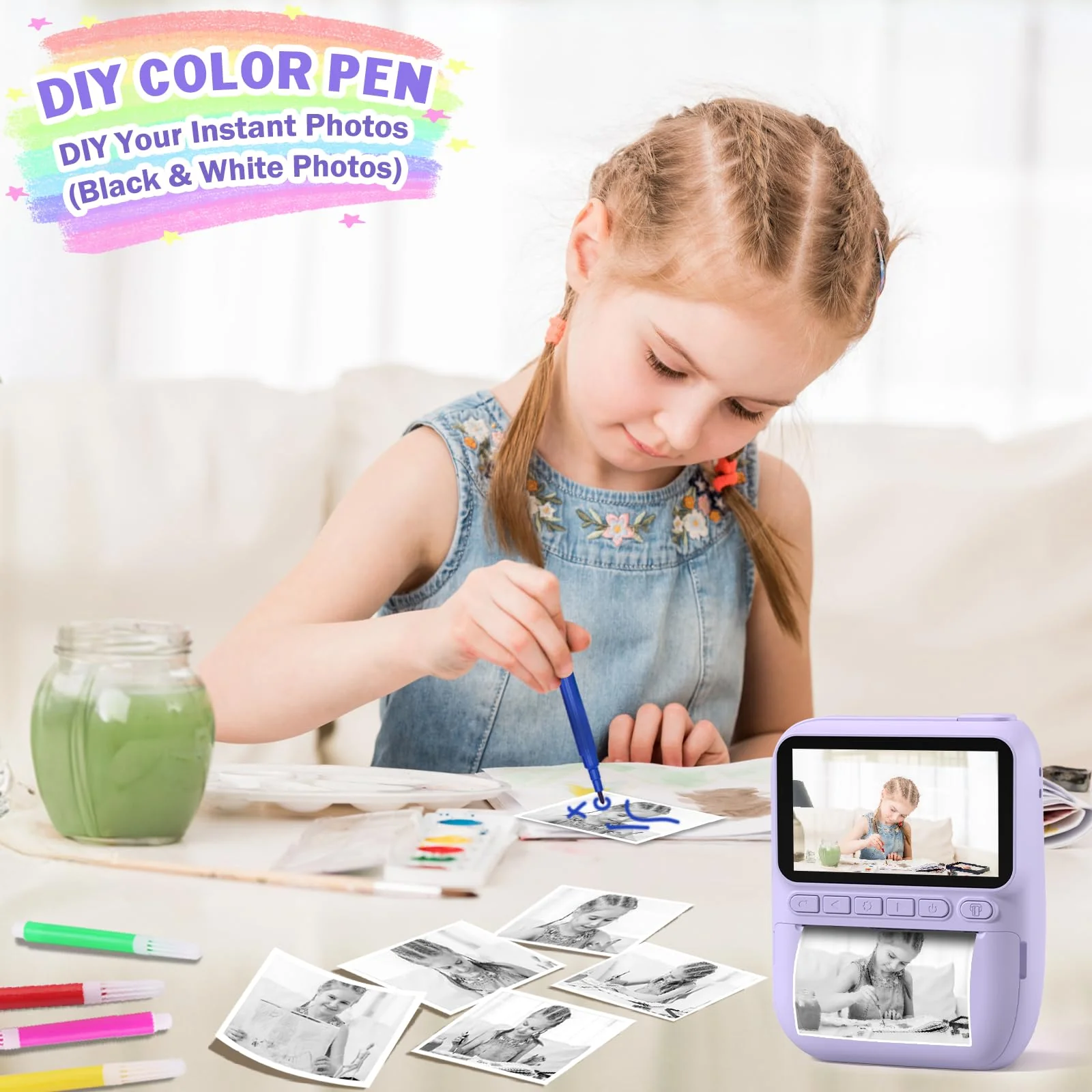 Kids Camera Instant Print,3.0 HD 1080P Digital Video Cameras with Printing Paper,Christmas Birthday Gifts for Toddler Boys Girls,for 3 4 5 6 7 8 9 10 Year Old Portable Toy(Purple) Purple - Image 6