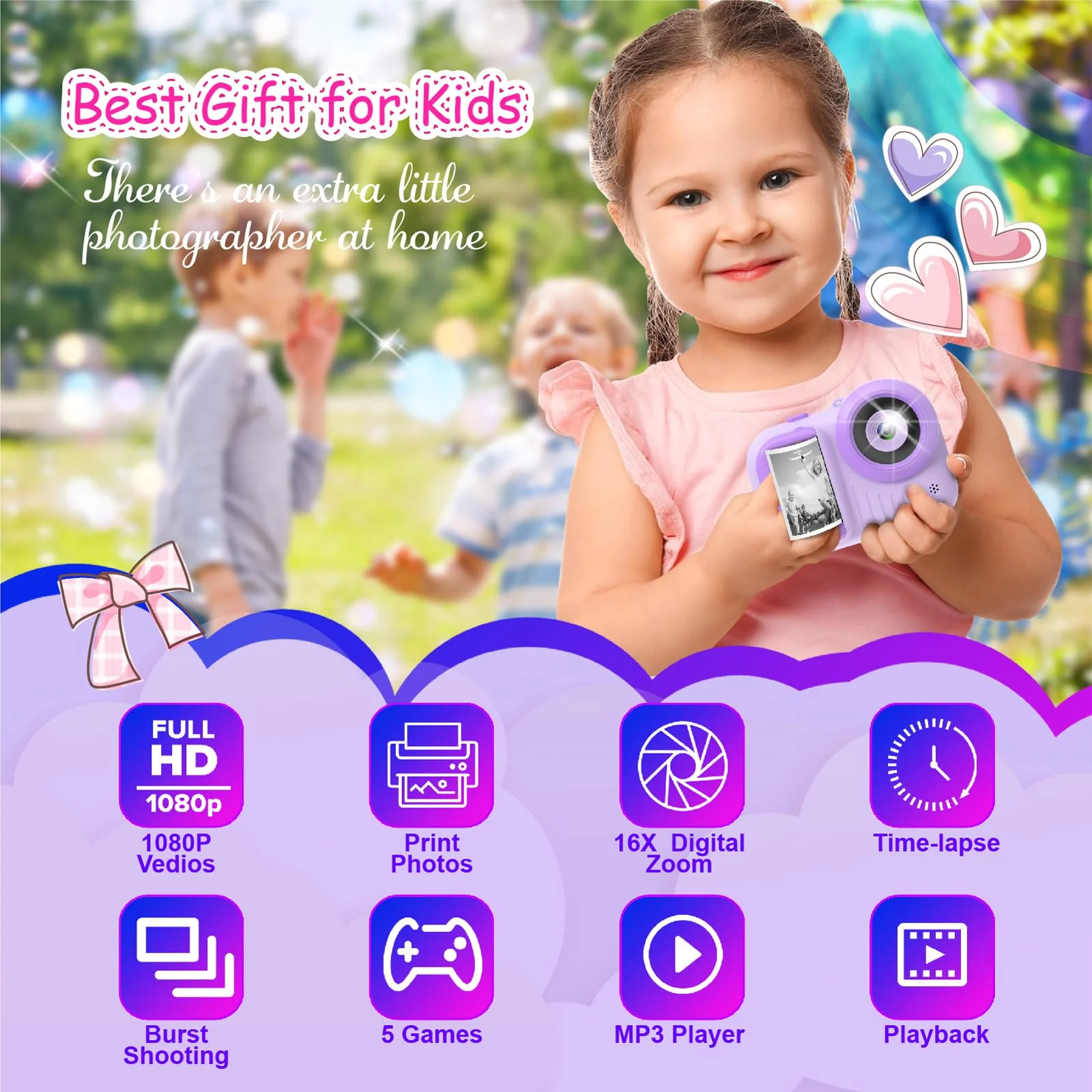 Kids Camera Instant Print, 3.5 Inch Screen Kids Digital Camera Instant, Christmas Birthday Gifts for Girls Age 3-12, Portable Toddler Camera Toy Gifts for 3 4 5 6 7 8 9 10 Year Old Girls Boys (Purple) - Image 2
