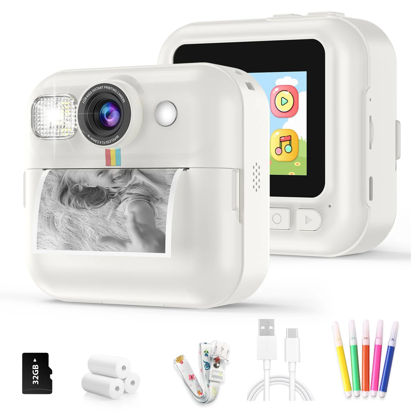 Kids Camera Instant Print Birthday Gifts for Girls Age 3-8, Toddler Camera Travel Selfie Video Camera Toys Instant Printing Camera for Kids with Color Pens (White) White