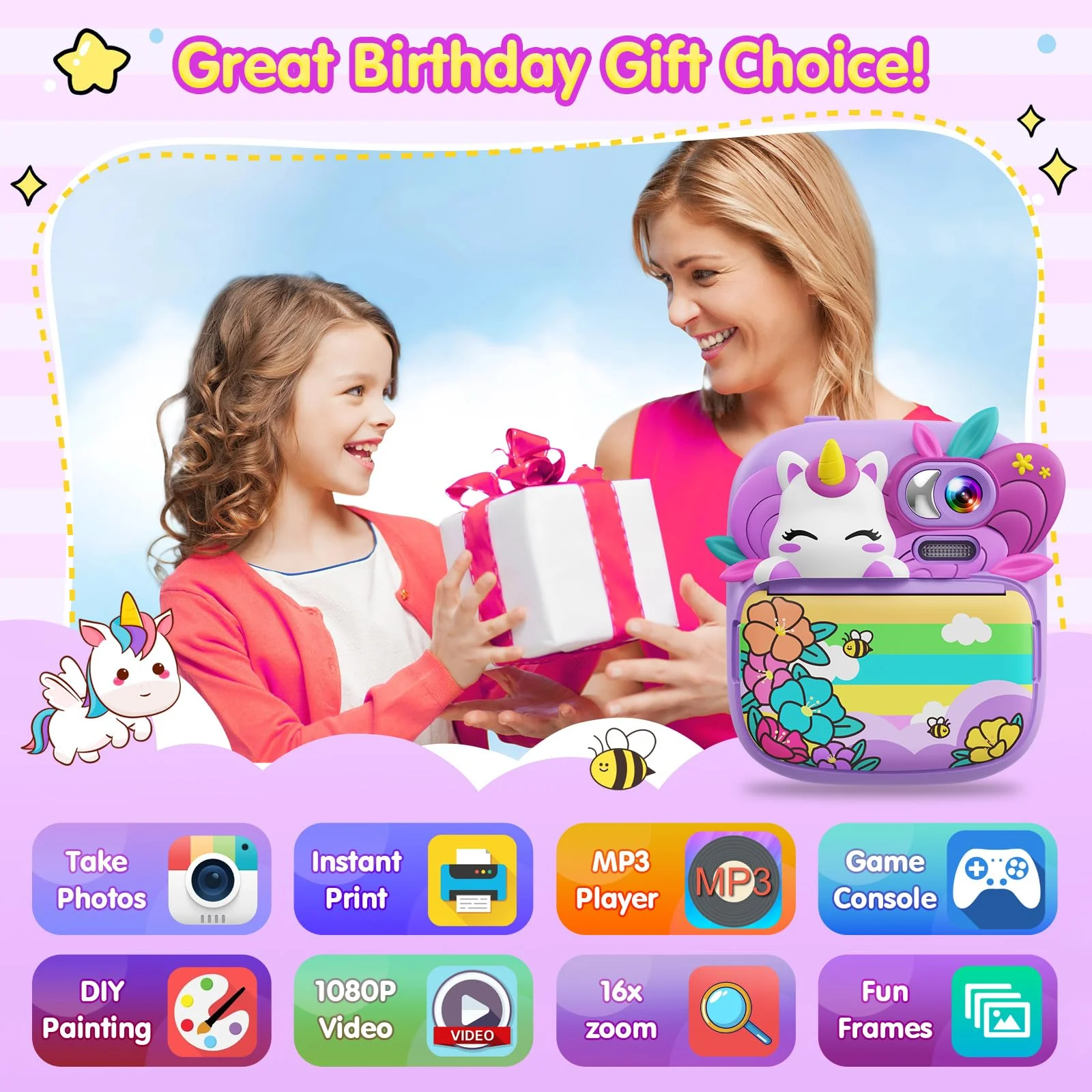 Kids Camera Instant Print, Camera for Kids with Printable Photos, Toddler Camera Toys for Children Ages 3-14, Digital Camera Birthday Gifts for Girls 4 5 6 7 8 9 10 11 12 13 Years Old - Purple - Image 2
