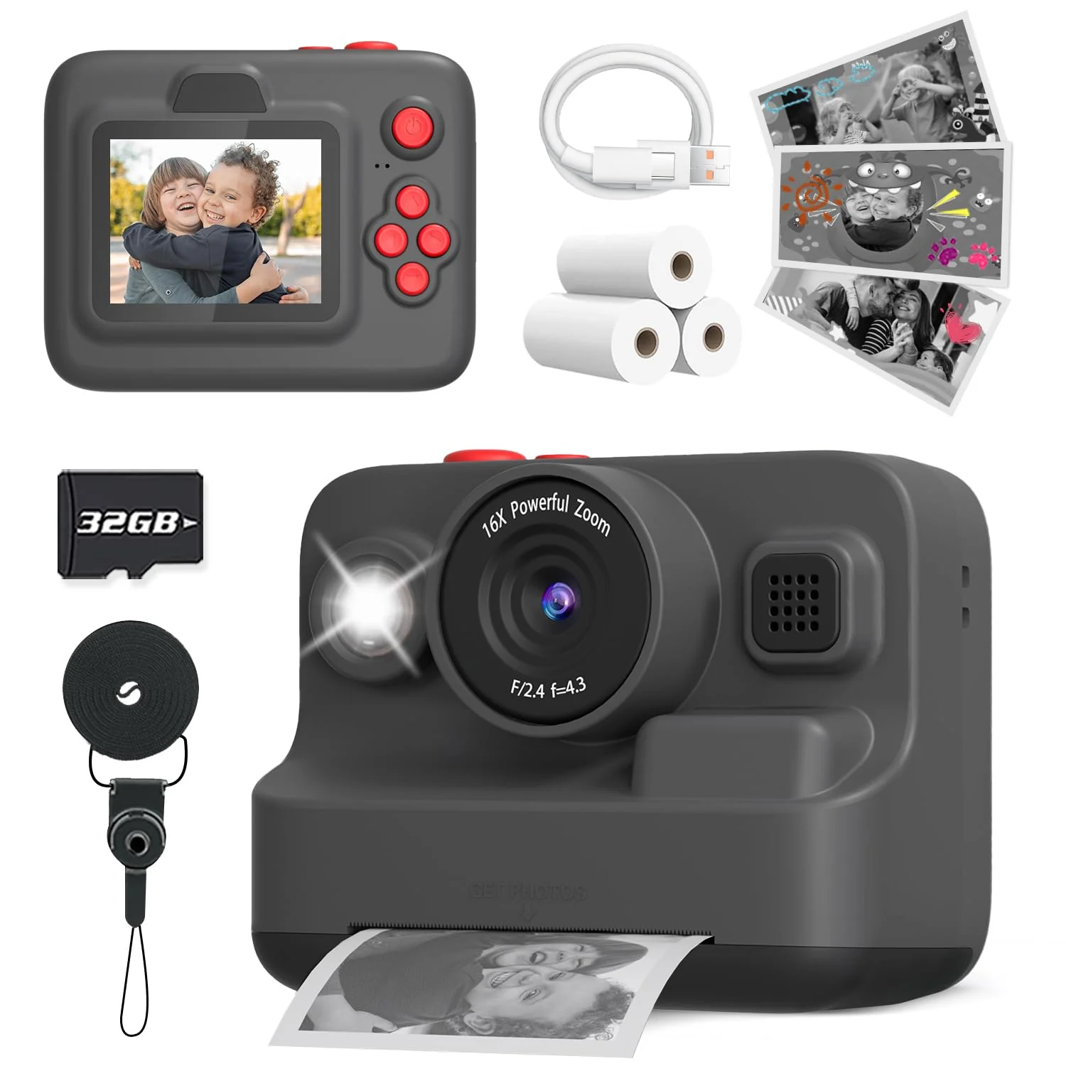 Kids Camera Instant Print, Christmas Birthday Gifts for 3-12 Year Old Boys Girls, 2.4in Screen 1080P Kids Digital Camera Toys for Kids Age 3 4 5 6 7 8 9 10 with 3 Rolls Print Paper 32G Card Black