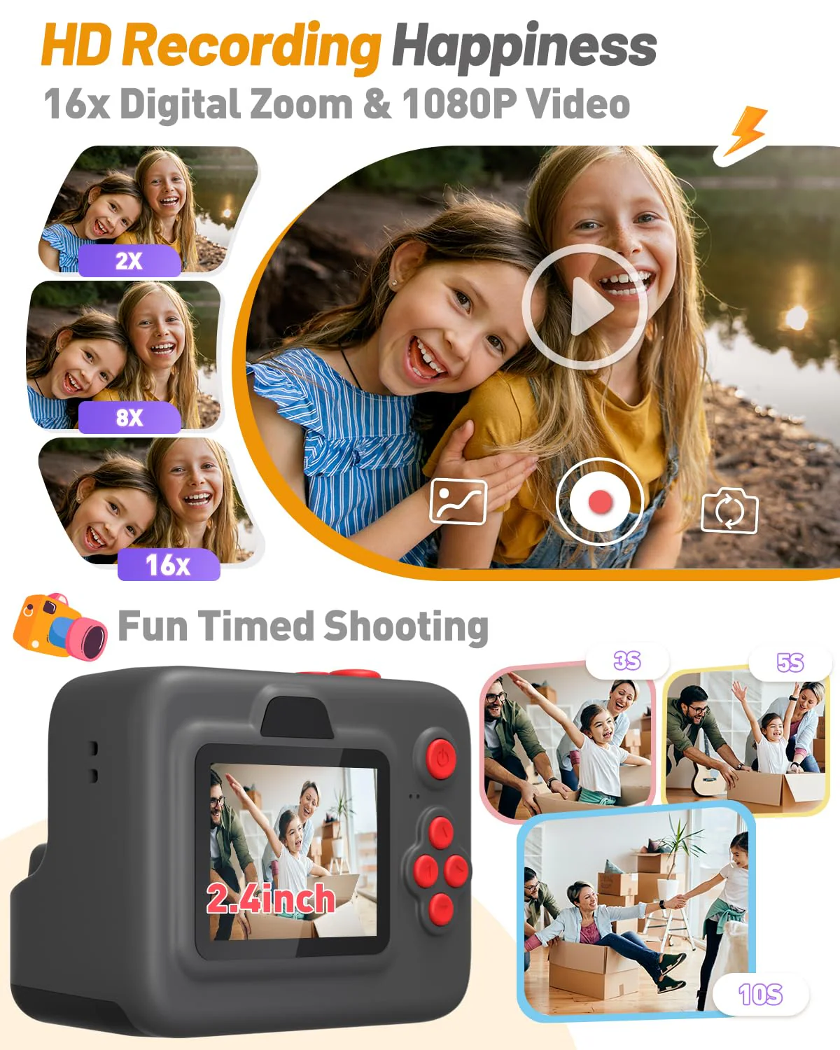 Kids Camera Instant Print, Christmas Birthday Gifts for 3-12 Year Old Boys Girls, 2.4in Screen 1080P Kids Digital Camera Toys for Kids Age 3 4 5 6 7 8 9 10 with 3 Rolls Print Paper 32G Card Black - Image 3