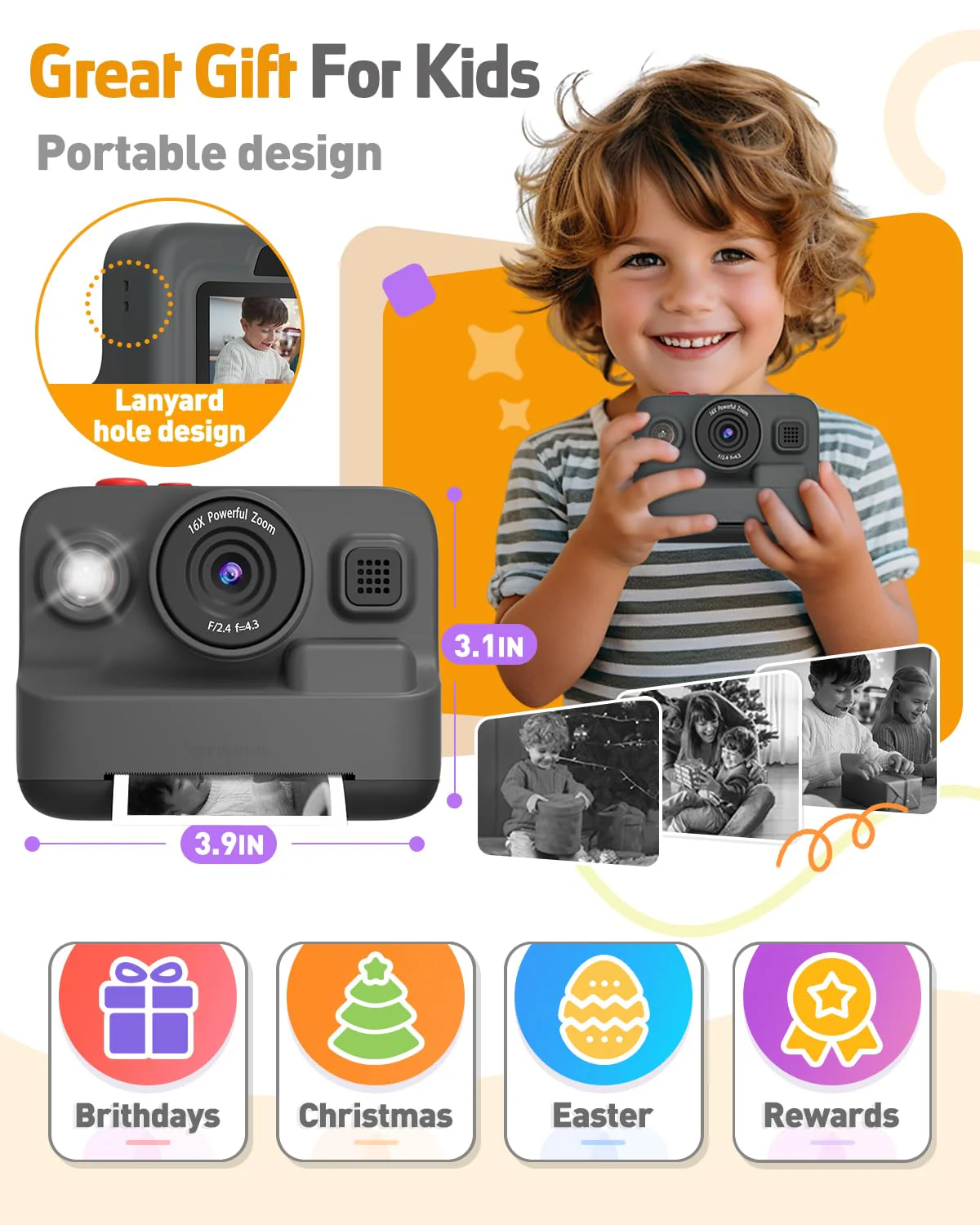Kids Camera Instant Print, Christmas Birthday Gifts for 3-12 Year Old Boys Girls, 2.4in Screen 1080P Kids Digital Camera Toys for Kids Age 3 4 5 6 7 8 9 10 with 3 Rolls Print Paper 32G Card Black - Image 6