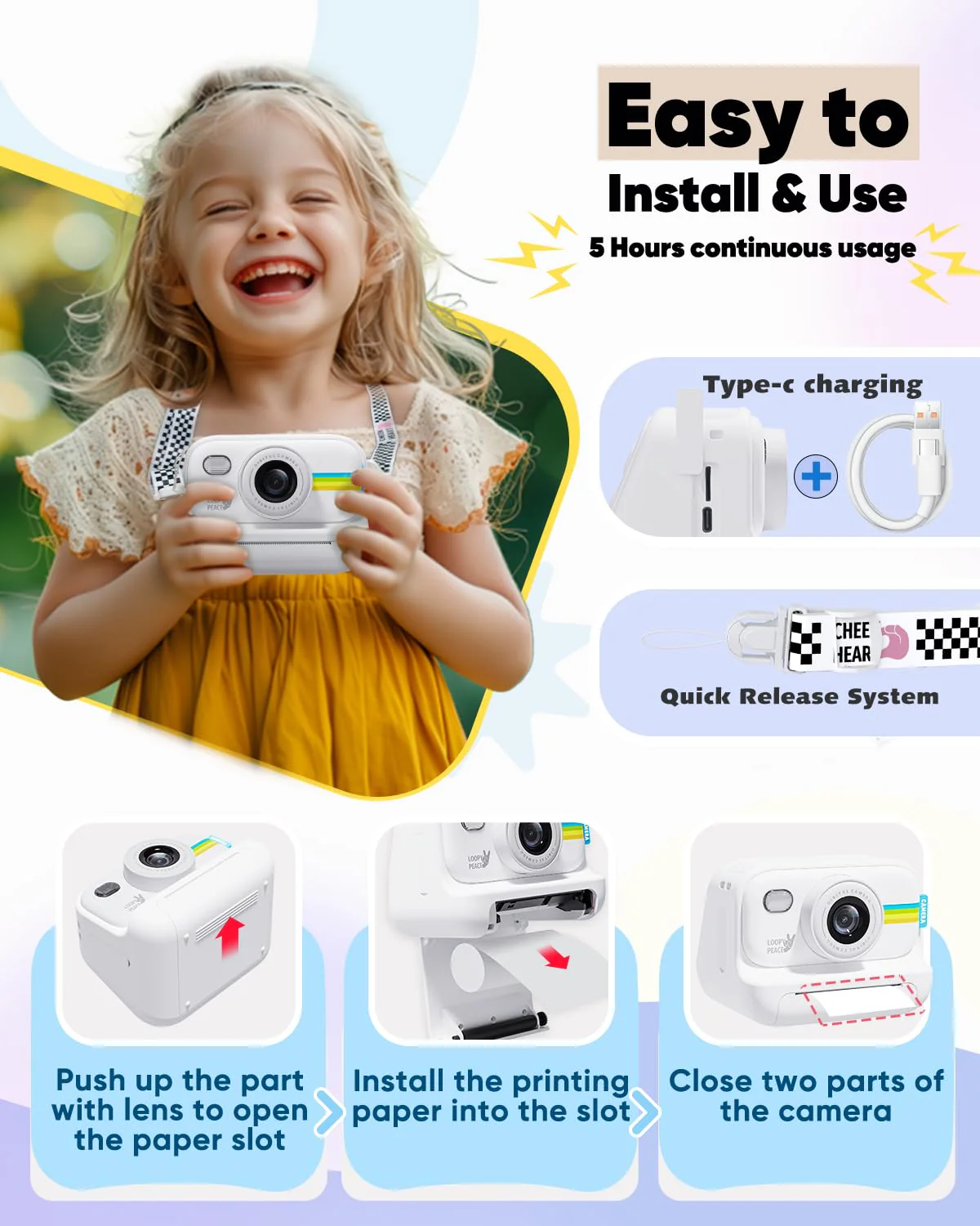Kids Camera Instant Print, Christmas Birthday Gifts for Girls and Boys Age 3-12,1080P Kids Instant Cameras That Print Photos,Portable Toddler Toy for 3 4 5 6 7 8 9 10 11 Year Old Boys White - Image 7