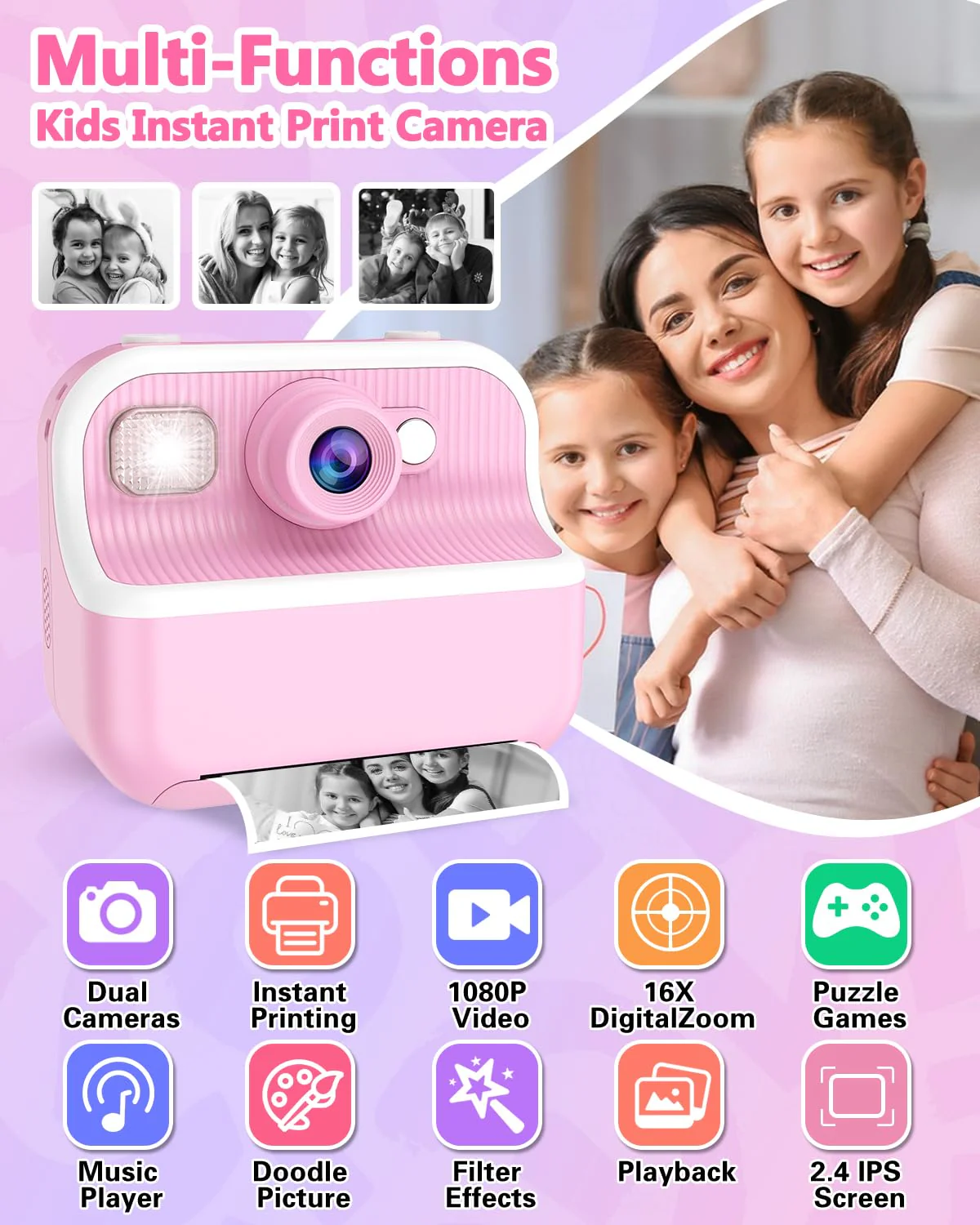 Kids Camera Instant Print, Christmas Birthday Gifts for Kids 3-12, 1080P Instant Print Camera for Kids, Toddler Camera Toy for 4 5 6 7 8 9 10 Year Old Girls Boys with 3 Rolls Paper and 32GB Card-Pink Pink - Image 2