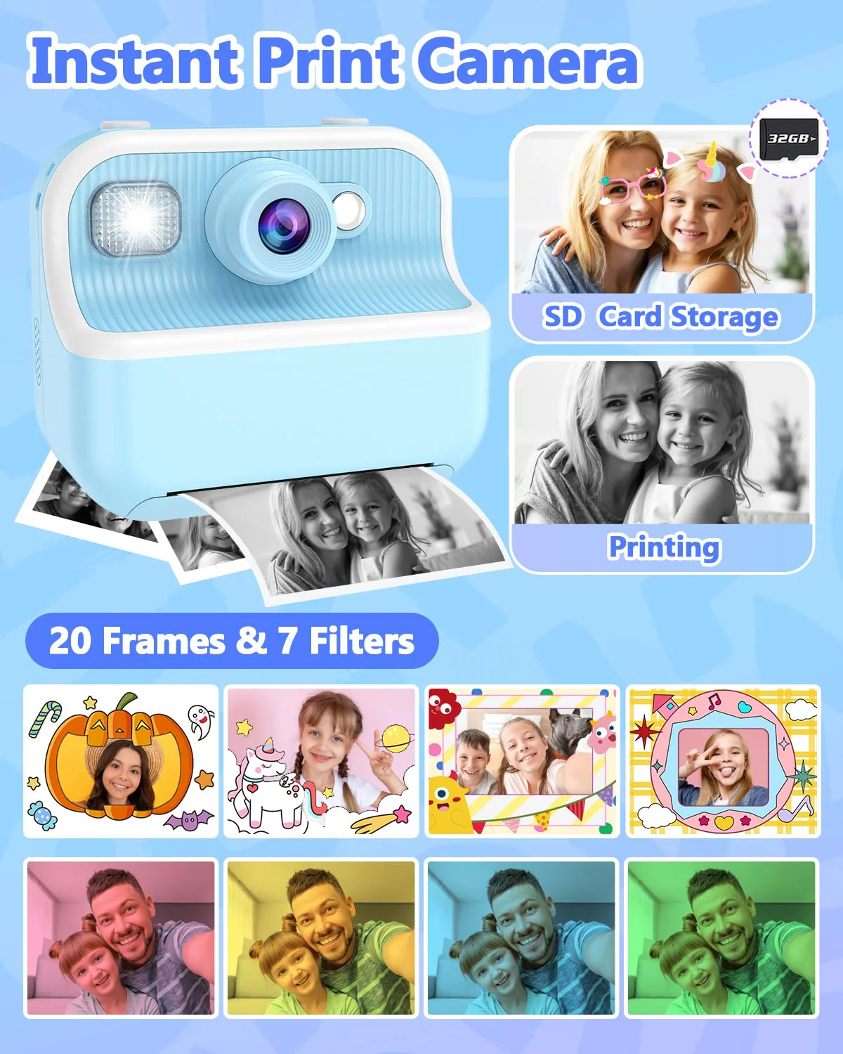 Kids Camera Instant Print, Christmas Birthday Gifts for Kids Age 3-12, HD Camera for Kids with Printing Photo Paper, Portable Toy for 4 5 6 7 8 9 10 Year Old Girl with 32GB SD Card-Blue Blue - Image 4