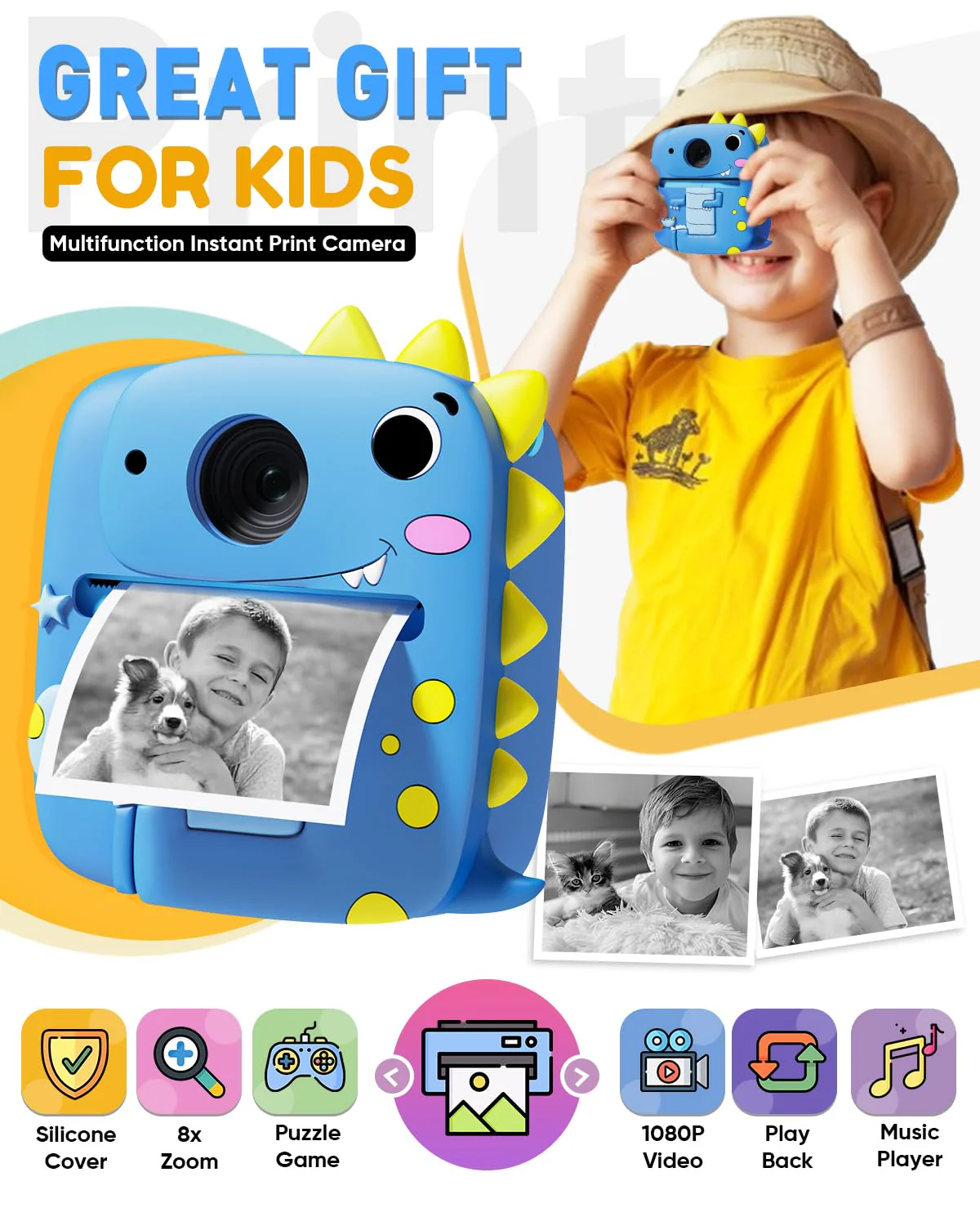 Kids Camera Instant Print, Christmas Birthday Gifts for Kids Age 3-8, 1080P Digital Camera with Silicone Cover, Toddler Portable Travel Toys for 3 4 5 6 7 8 Year Old Girls Boys-Blue Blue - Image 2