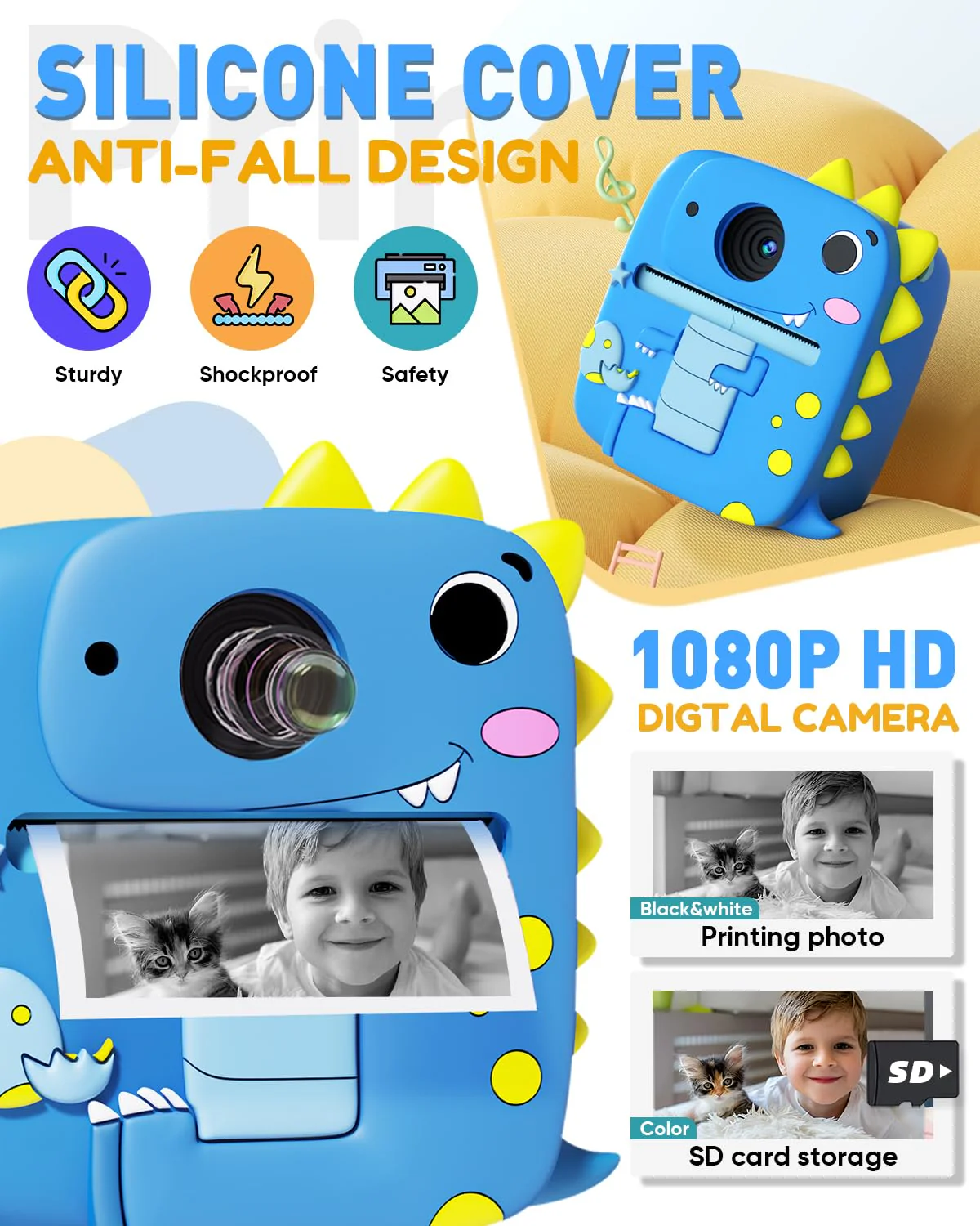 Kids Camera Instant Print, Christmas Birthday Gifts for Kids Age 3-8, 1080P Digital Camera with Silicone Cover, Toddler Portable Travel Toys for 3 4 5 6 7 8 Year Old Girls Boys-Blue Blue - Image 4