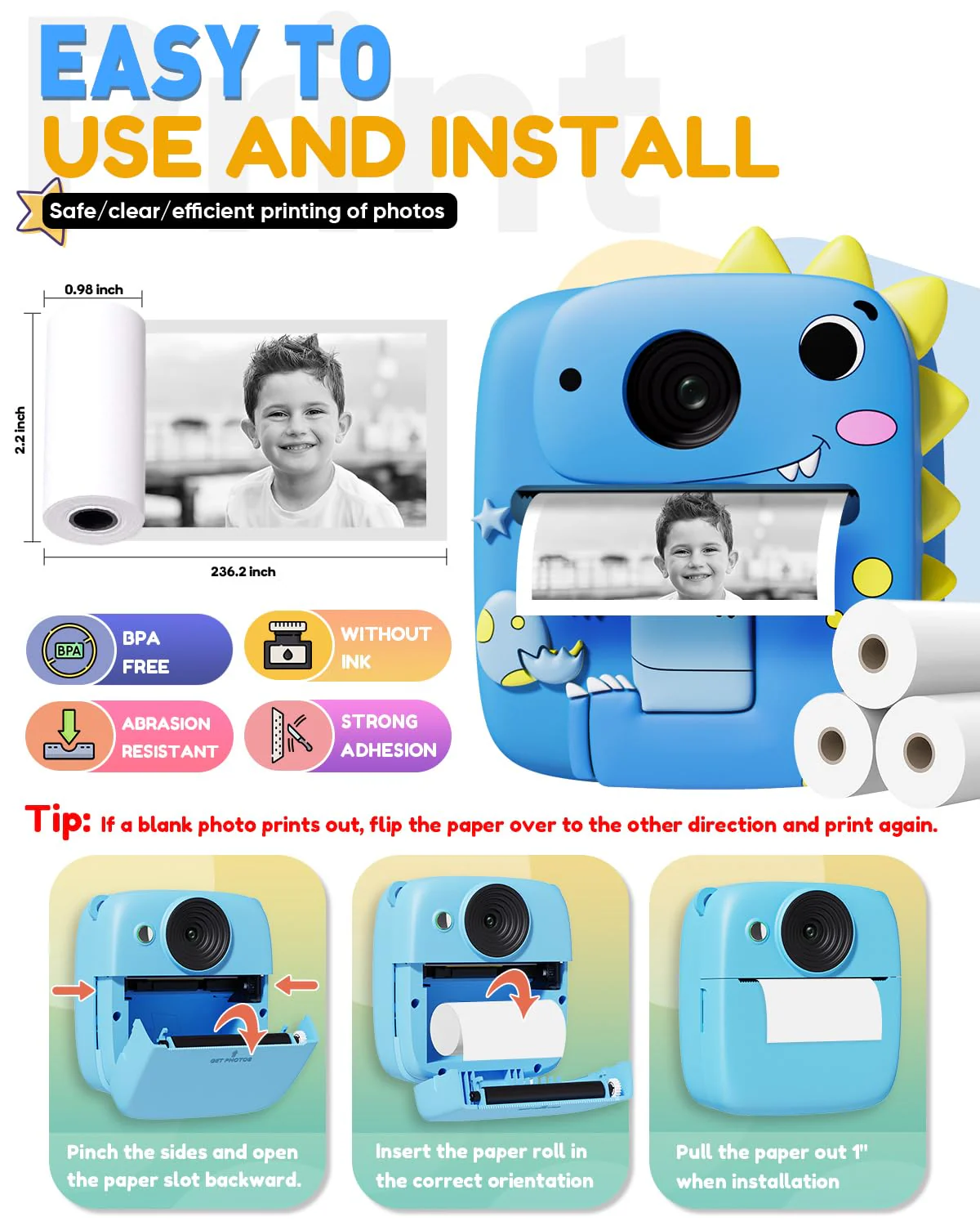 Kids Camera Instant Print, Christmas Birthday Gifts for Kids Age 3-8, 1080P Digital Camera with Silicone Cover, Toddler Portable Travel Toys for 3 4 5 6 7 8 Year Old Girls Boys-Blue Blue - Image 7