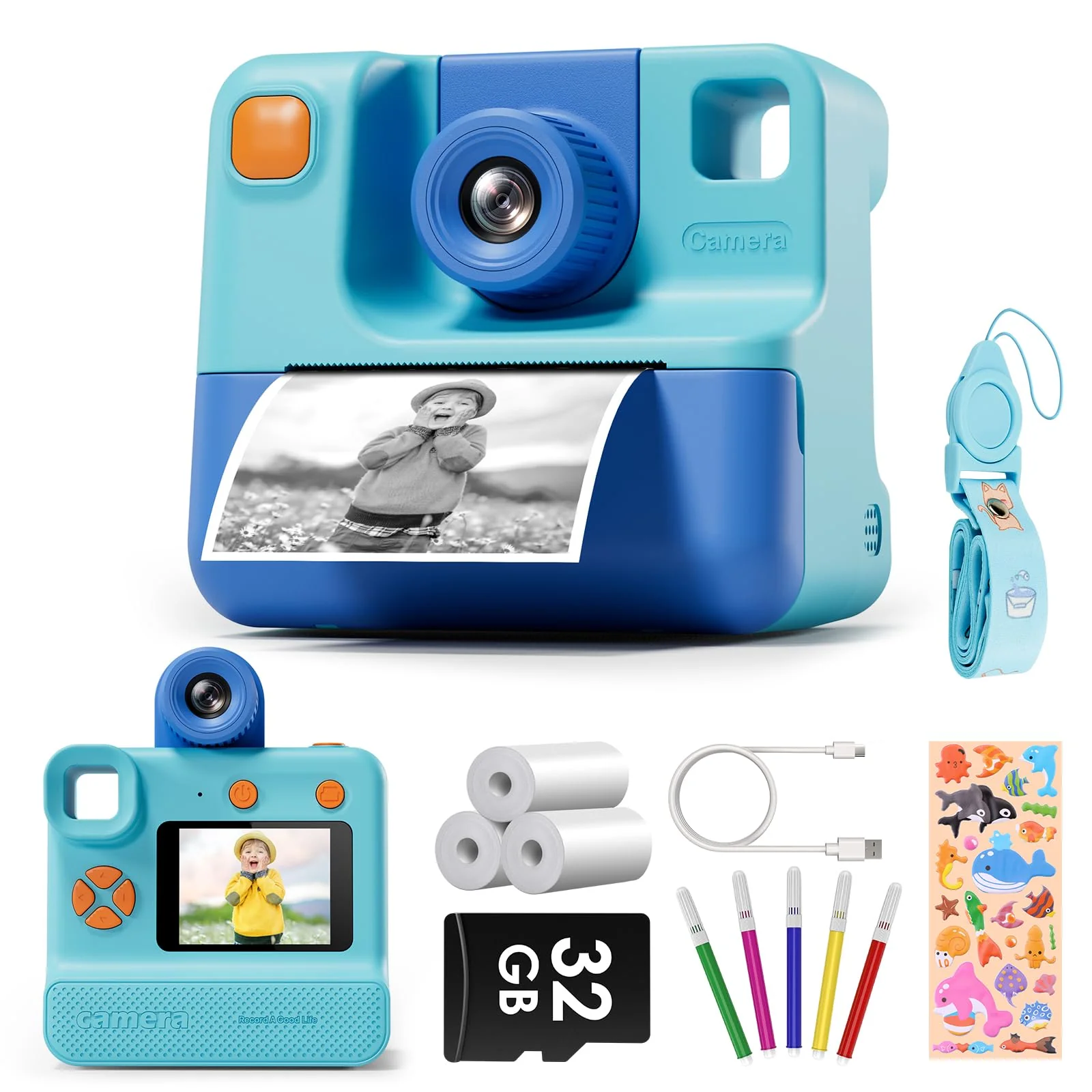 Kids Camera Instant Print, Christmas Birthday Gifts for Toddle Girls Boys Age 3-12, 20MP & 1080P Selfie Digital Camera with 3 Roll No-Ink Print Paper 32G SD Card - Blue