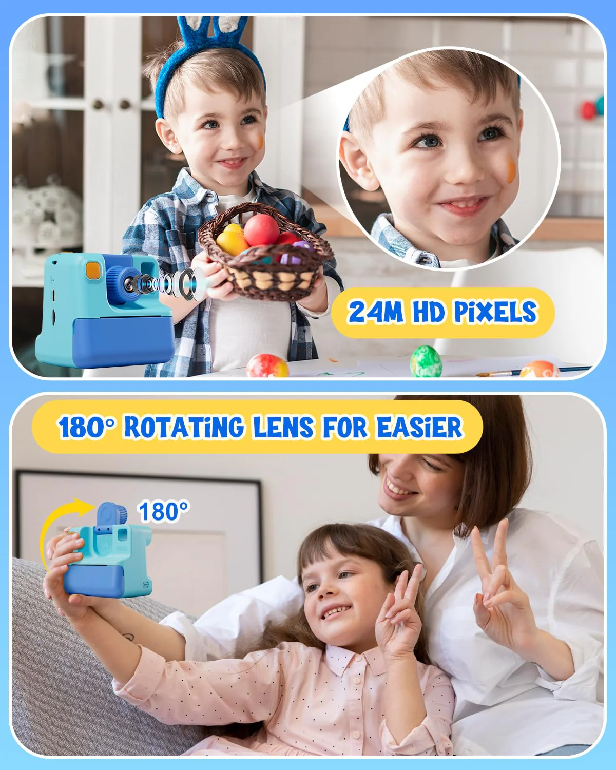 Kids Camera Instant Print, Christmas Birthday Gifts for Toddle Girls Boys Age 3-12, 20MP & 1080P Selfie Digital Camera with 3 Roll No-Ink Print Paper 32G SD Card - Blue - Image 3