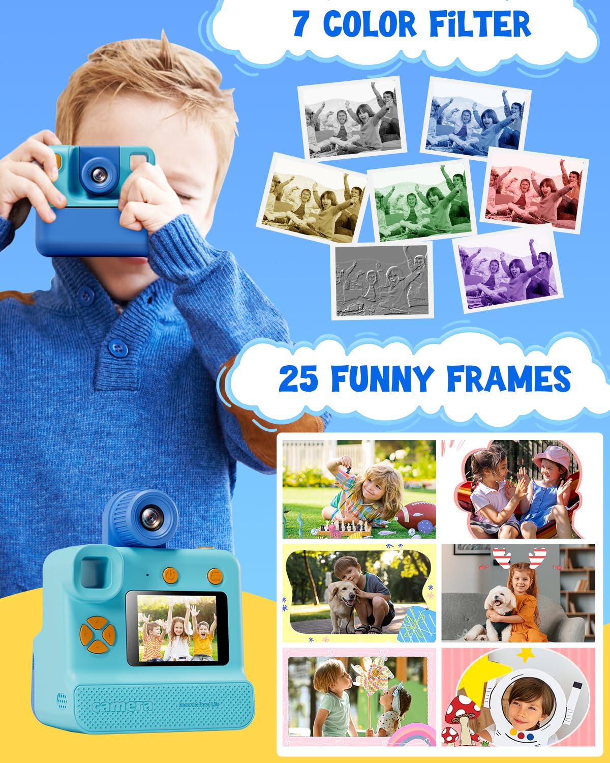 Kids Camera Instant Print, Christmas Birthday Gifts for Toddle Girls Boys Age 3-12, 20MP & 1080P Selfie Digital Camera with 3 Roll No-Ink Print Paper 32G SD Card - Blue - Image 4