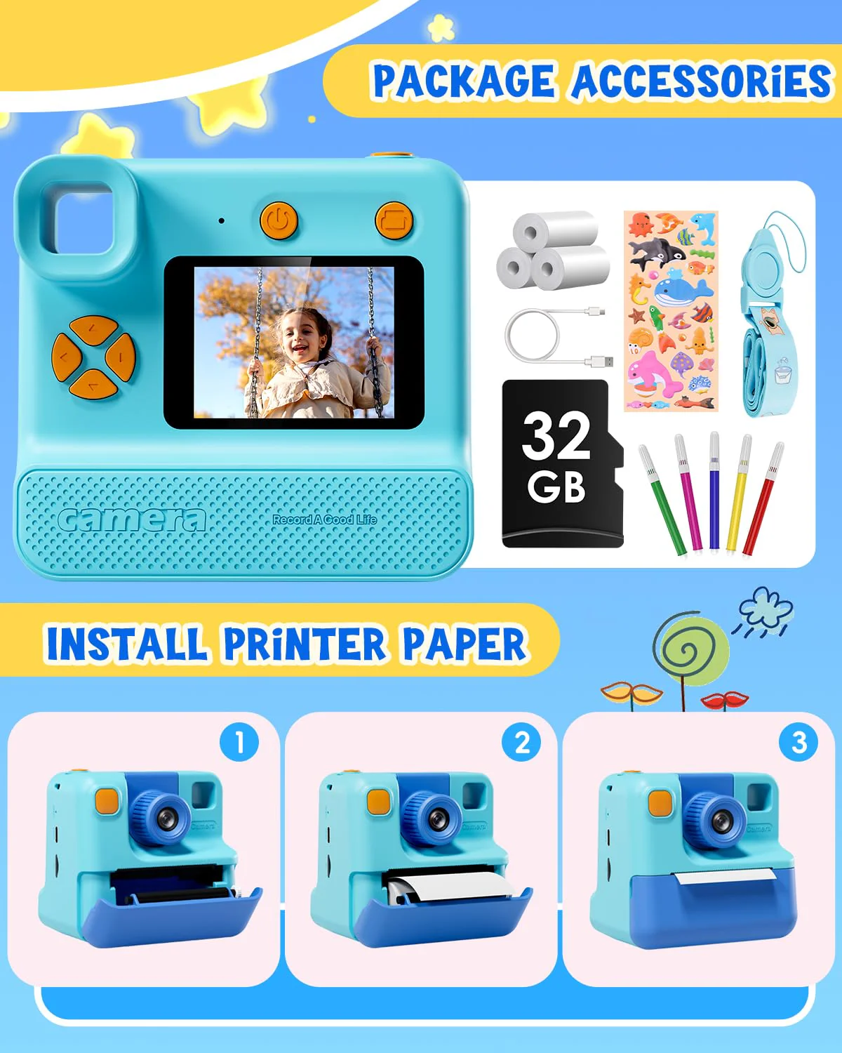 Kids Camera Instant Print, Christmas Birthday Gifts for Toddle Girls Boys Age 3-12, 20MP & 1080P Selfie Digital Camera with 3 Roll No-Ink Print Paper 32G SD Card - Blue - Image 7