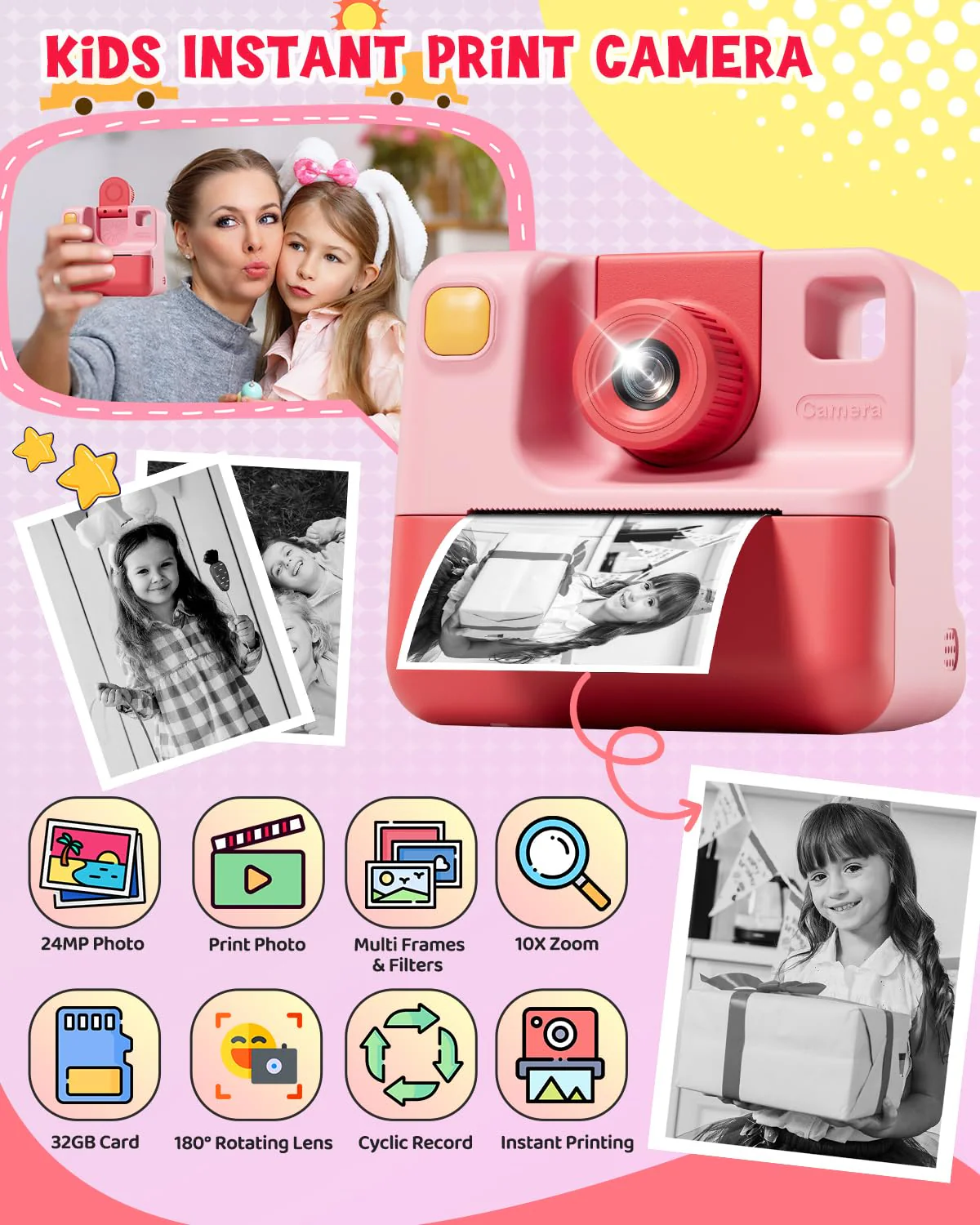 Kids Camera Instant Print, Christmas Birthday Gifts for Toddle Girls Boys Age 3-12, 20MP & 1080P Selfie Digital Camera with 3 Roll No-Ink Print Paper 32G SD Card - Pink - Image 2