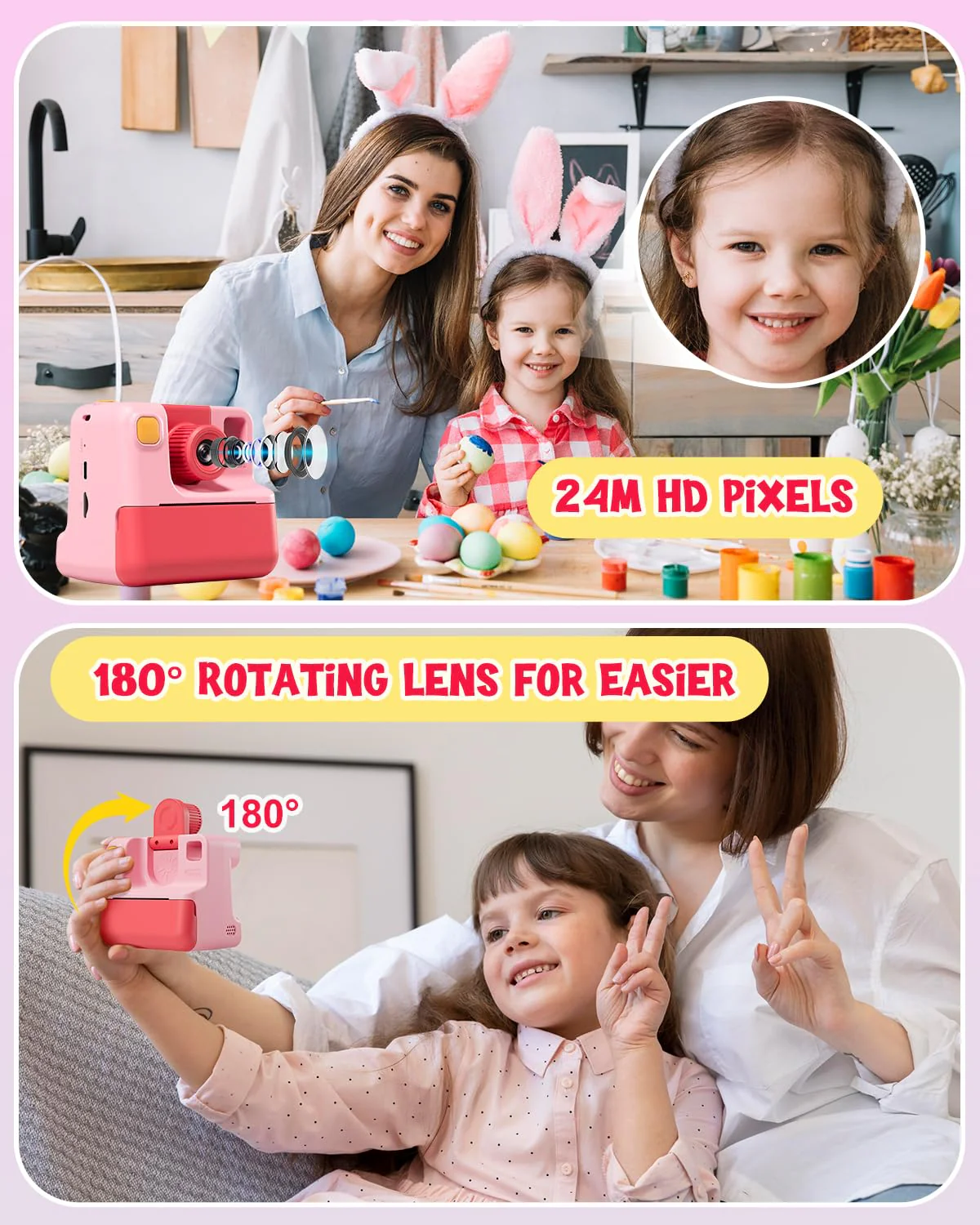 Kids Camera Instant Print, Christmas Birthday Gifts for Toddle Girls Boys Age 3-12, 20MP & 1080P Selfie Digital Camera with 3 Roll No-Ink Print Paper 32G SD Card - Pink - Image 3