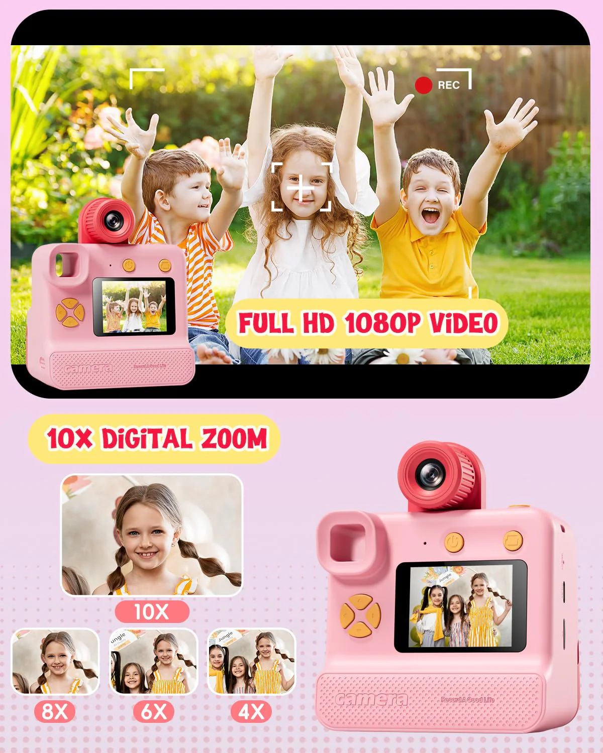 Kids Camera Instant Print, Christmas Birthday Gifts for Toddle Girls Boys Age 3-12, 20MP & 1080P Selfie Digital Camera with 3 Roll No-Ink Print Paper 32G SD Card - Pink - Image 5