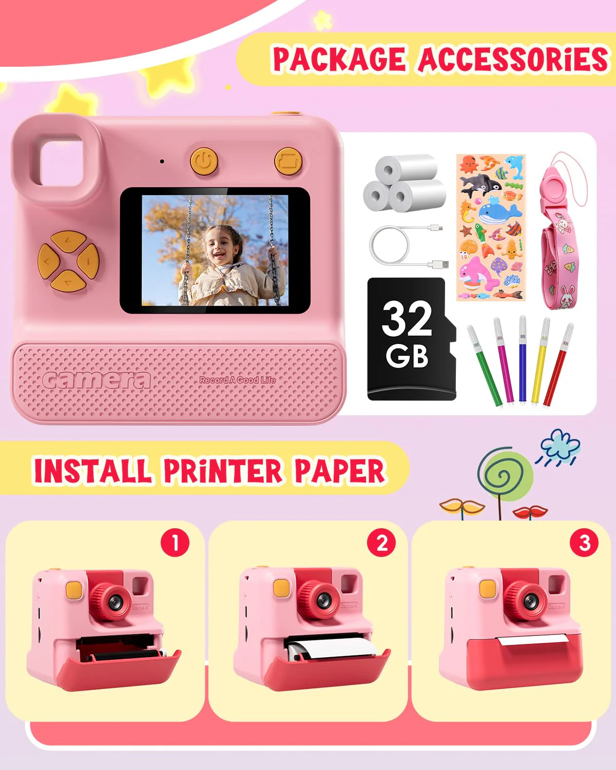 Kids Camera Instant Print, Christmas Birthday Gifts for Toddle Girls Boys Age 3-12, 20MP & 1080P Selfie Digital Camera with 3 Roll No-Ink Print Paper 32G SD Card - Pink - Image 7