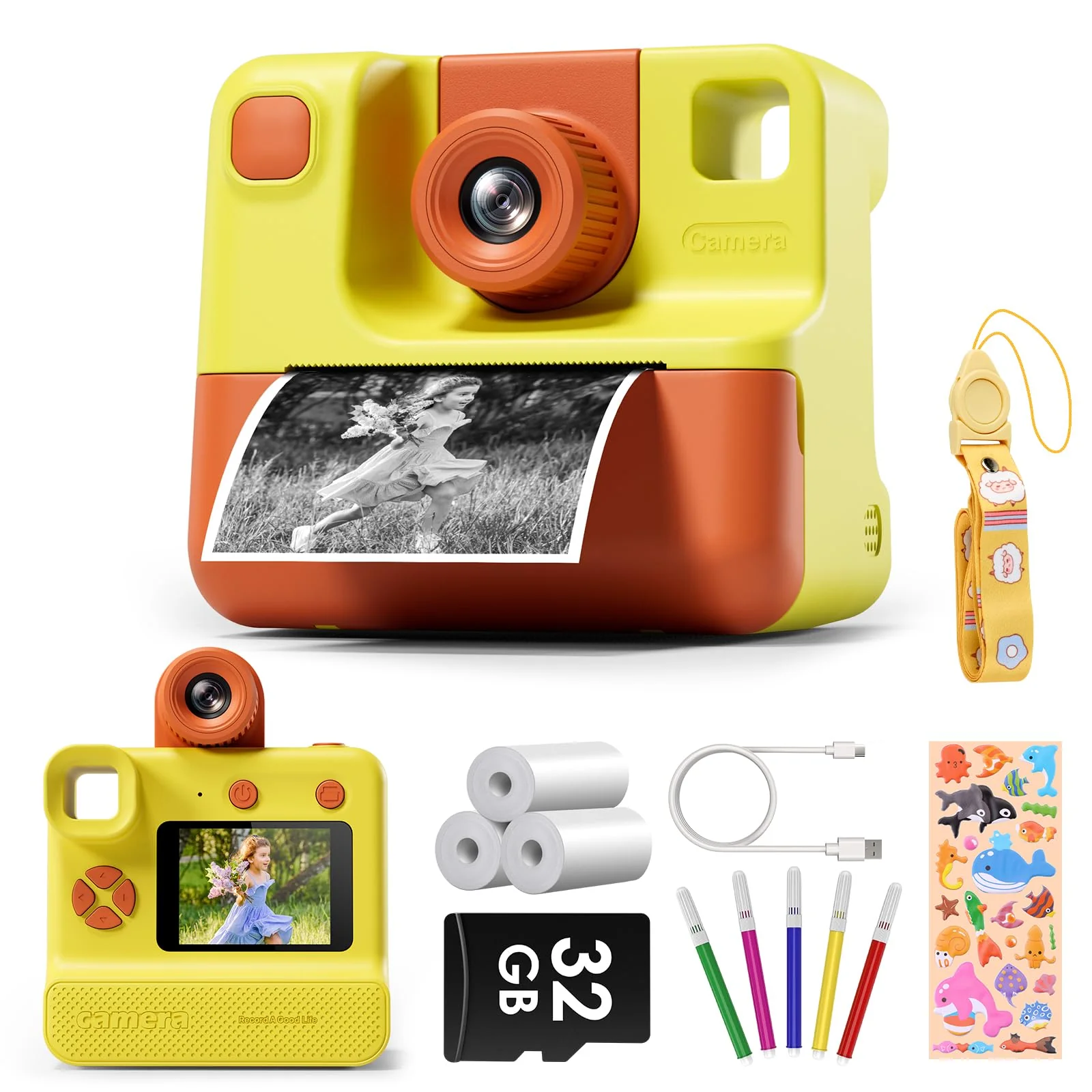 Kids Camera Instant Print, Christmas Birthday Gifts for Toddle Girls Boys Age 3-12, 20MP & 1080P Selfie Digital Camera with 3 Roll No-Ink Print Paper 32G SD Card - Yellow