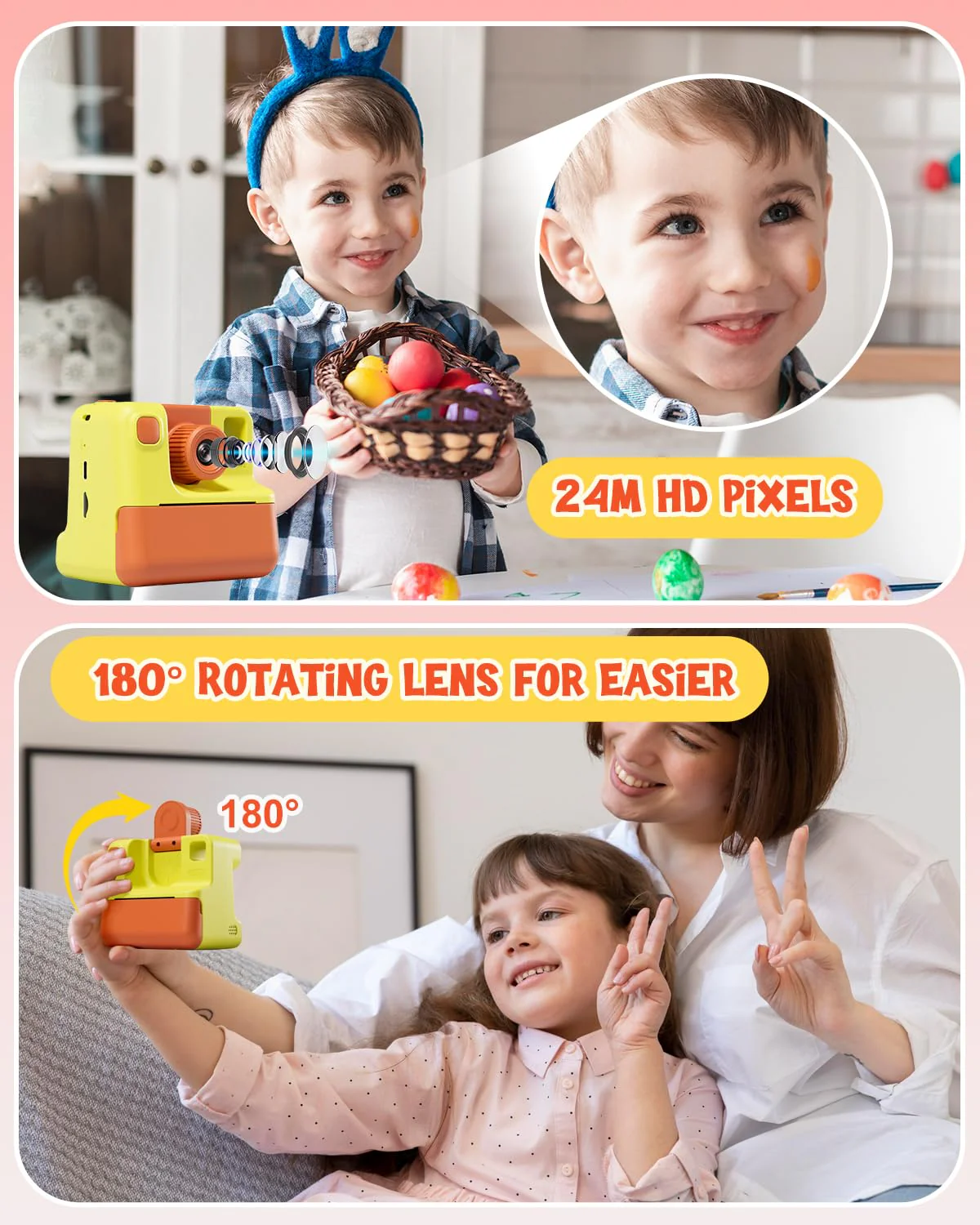 Kids Camera Instant Print, Christmas Birthday Gifts for Toddle Girls Boys Age 3-12, 20MP & 1080P Selfie Digital Camera with 3 Roll No-Ink Print Paper 32G SD Card - Yellow - Image 3