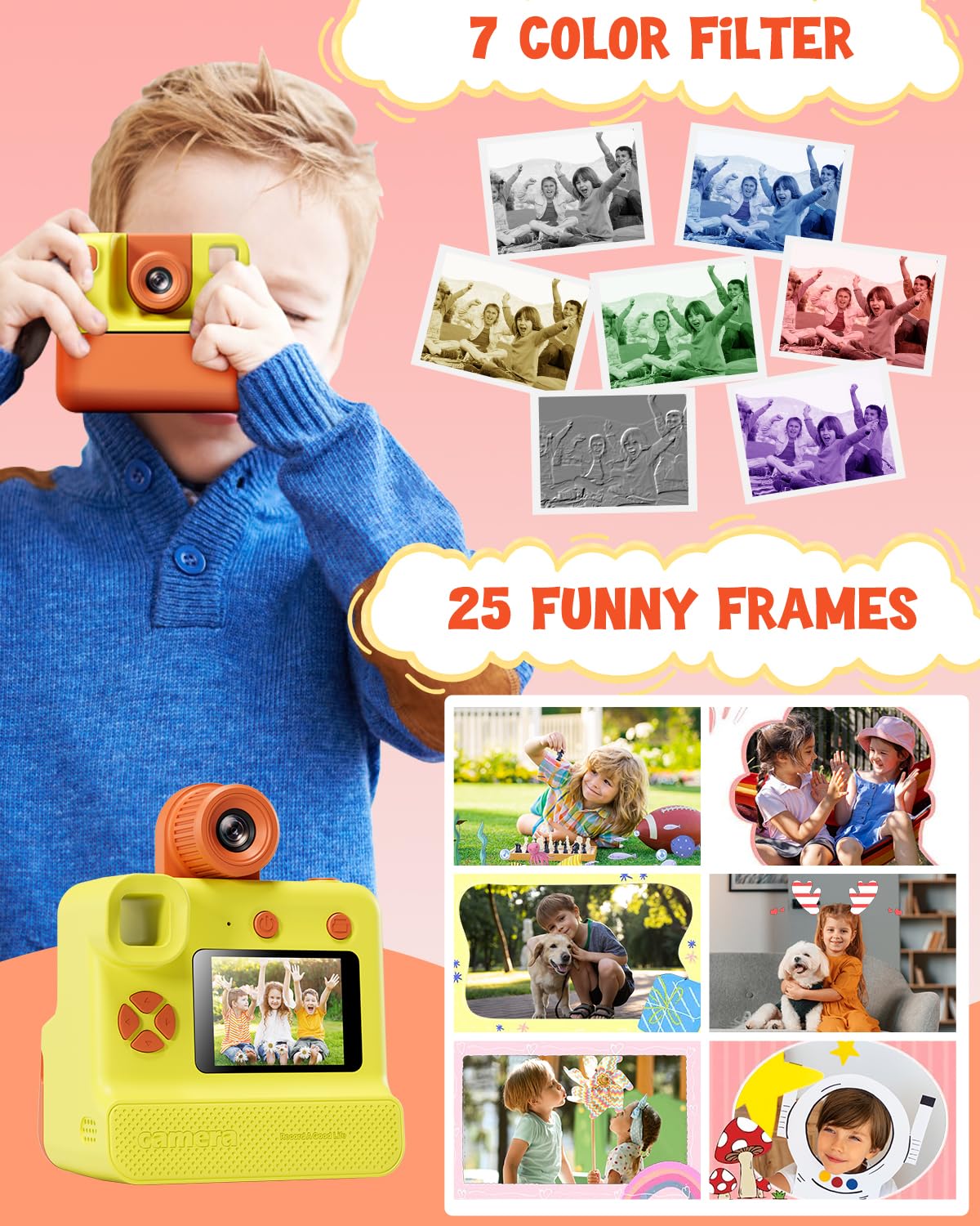 Kids Camera Instant Print, Christmas Birthday Gifts for Toddle Girls Boys Age 3-12, 20MP & 1080P Selfie Digital Camera with 3 Roll No-Ink Print Paper 32G SD Card - Yellow - Image 4