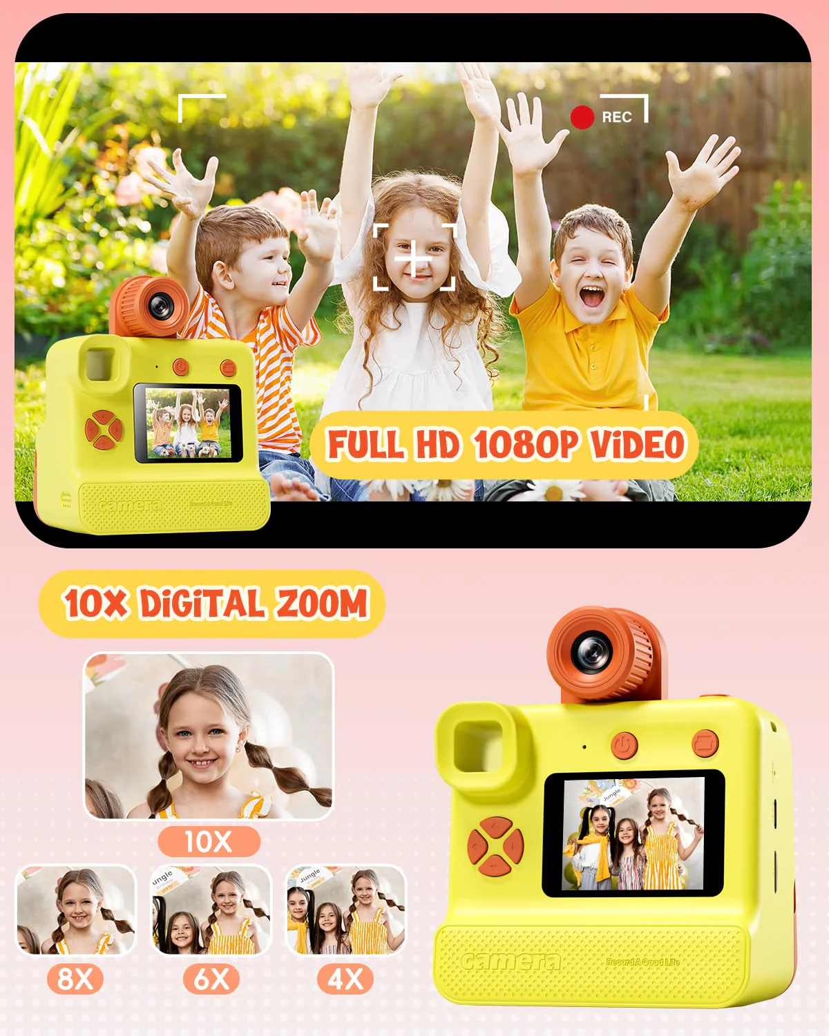 Kids Camera Instant Print, Christmas Birthday Gifts for Toddle Girls Boys Age 3-12, 20MP & 1080P Selfie Digital Camera with 3 Roll No-Ink Print Paper 32G SD Card - Yellow - Image 5