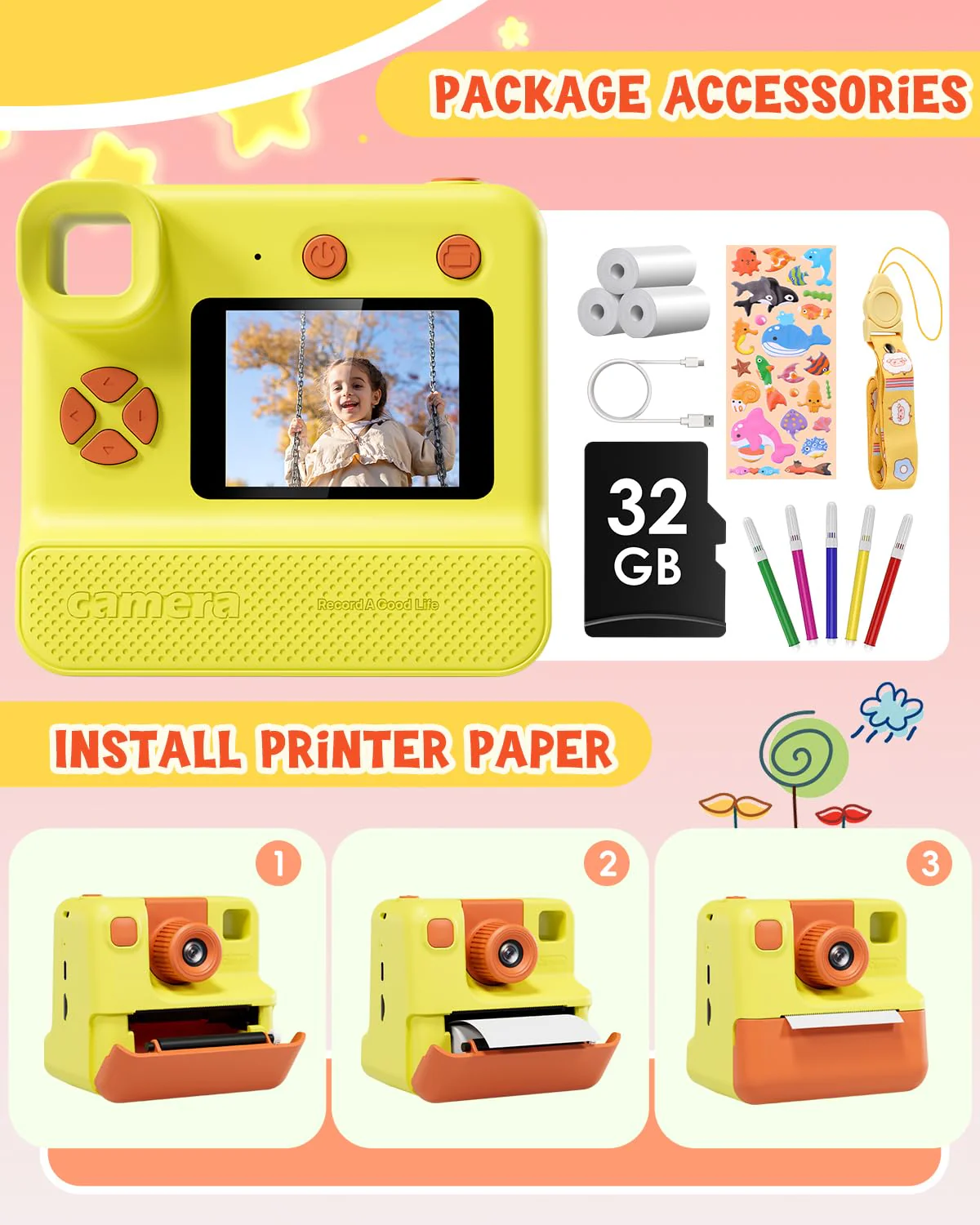 Kids Camera Instant Print, Christmas Birthday Gifts for Toddle Girls Boys Age 3-12, 20MP & 1080P Selfie Digital Camera with 3 Roll No-Ink Print Paper 32G SD Card - Yellow - Image 7