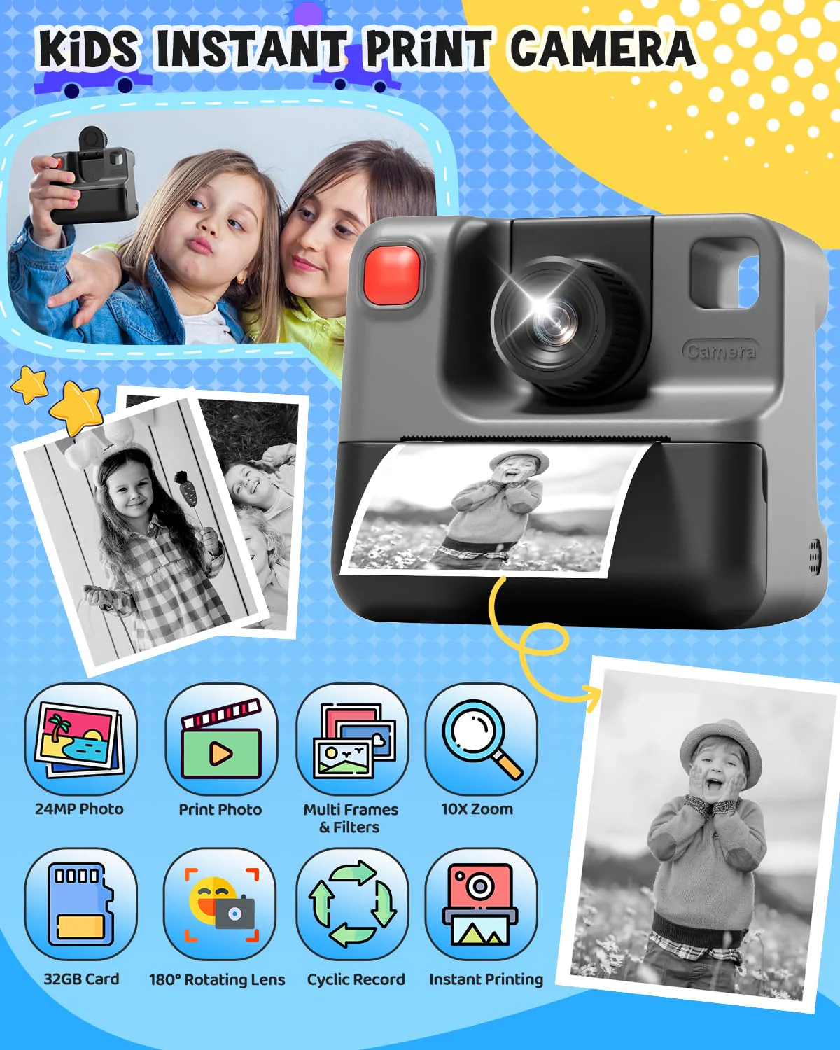 Kids Camera Instant Print, Christmas Birthday Gifts for Toddle Girls Boys Age 3-12, 24MP & 1080P Selfie Digital Camera with 3 Roll No-Ink Print Paper 32G SD Card - Black - Image 2