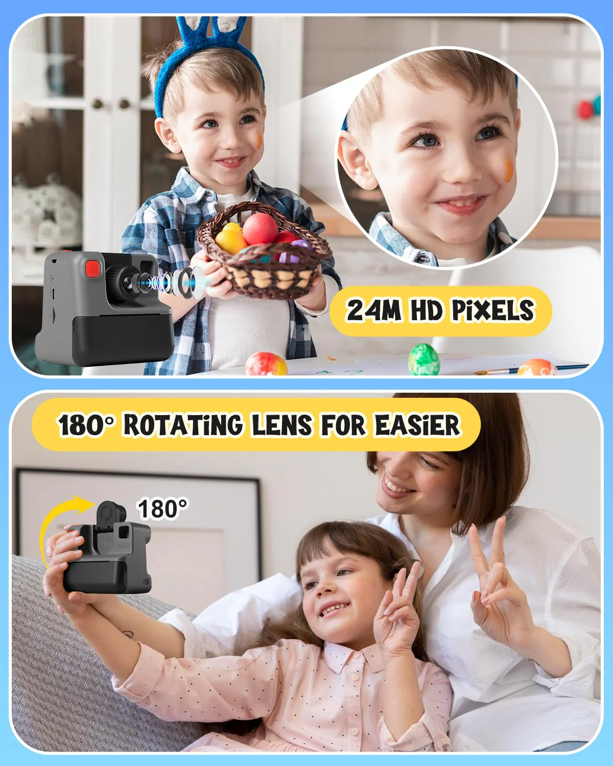 Kids Camera Instant Print, Christmas Birthday Gifts for Toddle Girls Boys Age 3-12, 24MP & 1080P Selfie Digital Camera with 3 Roll No-Ink Print Paper 32G SD Card - Black - Image 3