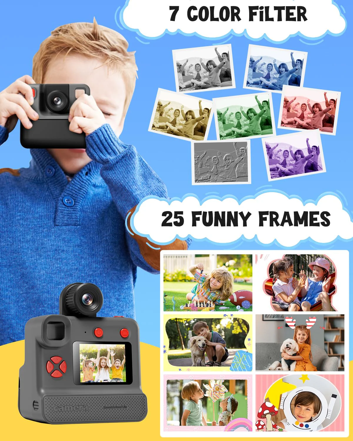 Kids Camera Instant Print, Christmas Birthday Gifts for Toddle Girls Boys Age 3-12, 24MP & 1080P Selfie Digital Camera with 3 Roll No-Ink Print Paper 32G SD Card - Black - Image 4