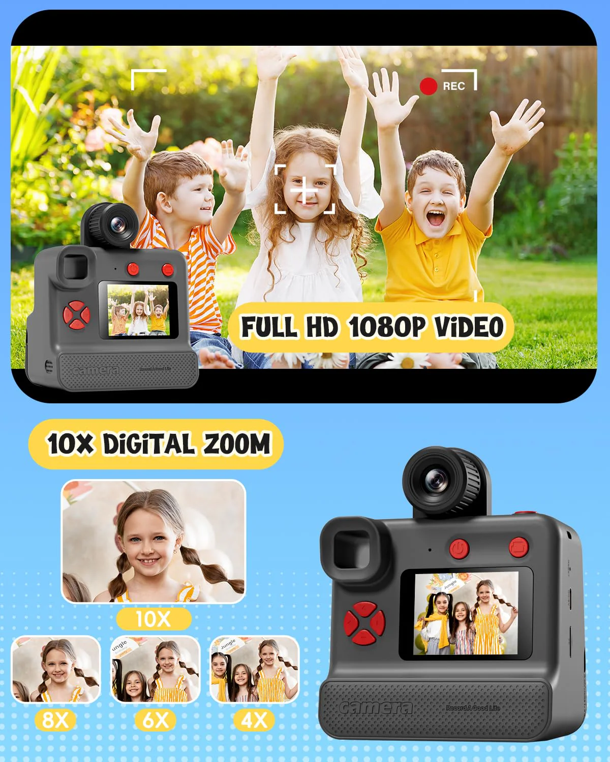 Kids Camera Instant Print, Christmas Birthday Gifts for Toddle Girls Boys Age 3-12, 24MP & 1080P Selfie Digital Camera with 3 Roll No-Ink Print Paper 32G SD Card - Black - Image 5