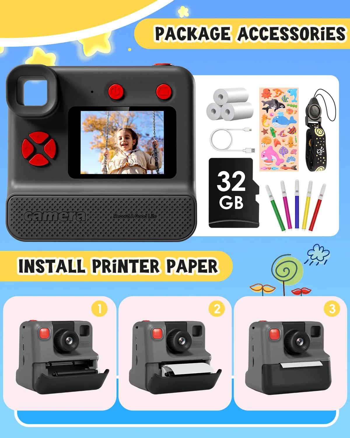 Kids Camera Instant Print, Christmas Birthday Gifts for Toddle Girls Boys Age 3-12, 24MP & 1080P Selfie Digital Camera with 3 Roll No-Ink Print Paper 32G SD Card - Black - Image 7