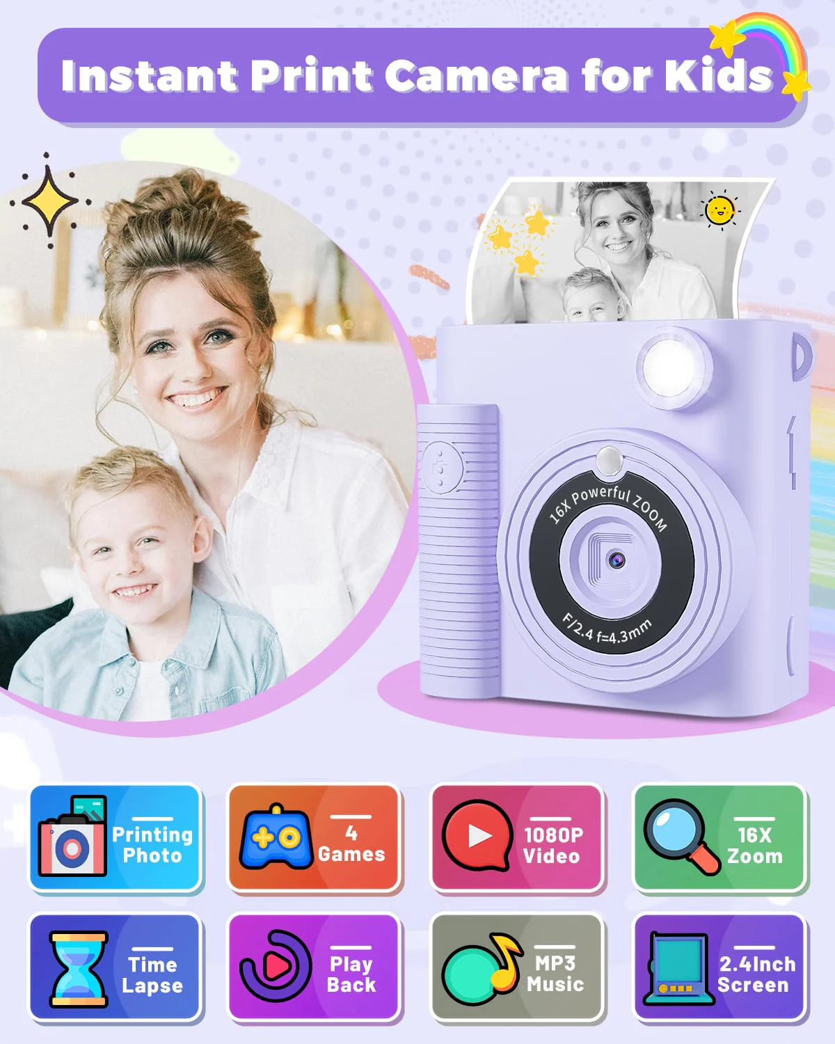 Kids Camera Instant Print, Christmas Birthday Gifts Girls Boys Aged 3-12, HD Digital Video Cameras Toddler, Instant Cameras for 3 4 5 6 7 8 9 10 Year Old Girls Boys with Print Paper Purple - Image 2