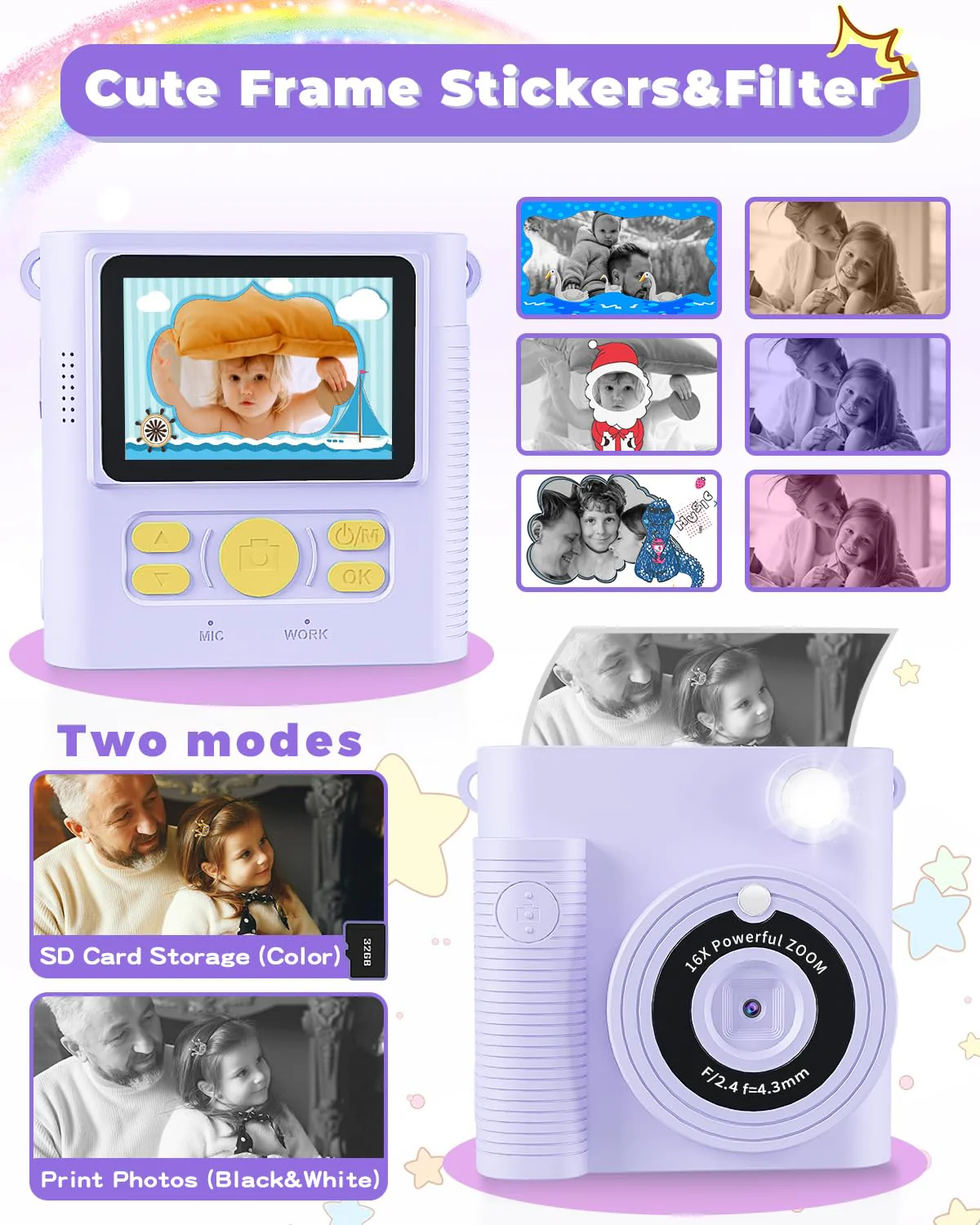 Kids Camera Instant Print, Christmas Birthday Gifts Girls Boys Aged 3-12, HD Digital Video Cameras Toddler, Instant Cameras for 3 4 5 6 7 8 9 10 Year Old Girls Boys with Print Paper Purple - Image 3