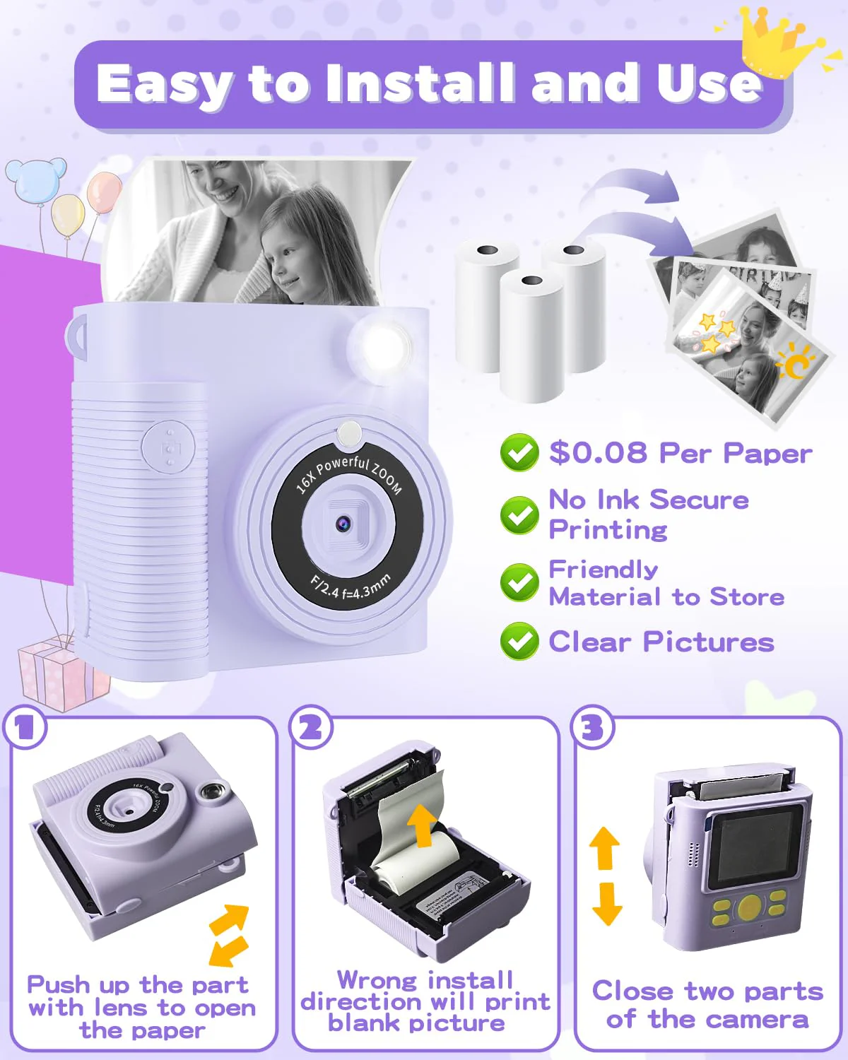 Kids Camera Instant Print, Christmas Birthday Gifts Girls Boys Aged 3-12, HD Digital Video Cameras Toddler, Instant Cameras for 3 4 5 6 7 8 9 10 Year Old Girls Boys with Print Paper Purple - Image 4