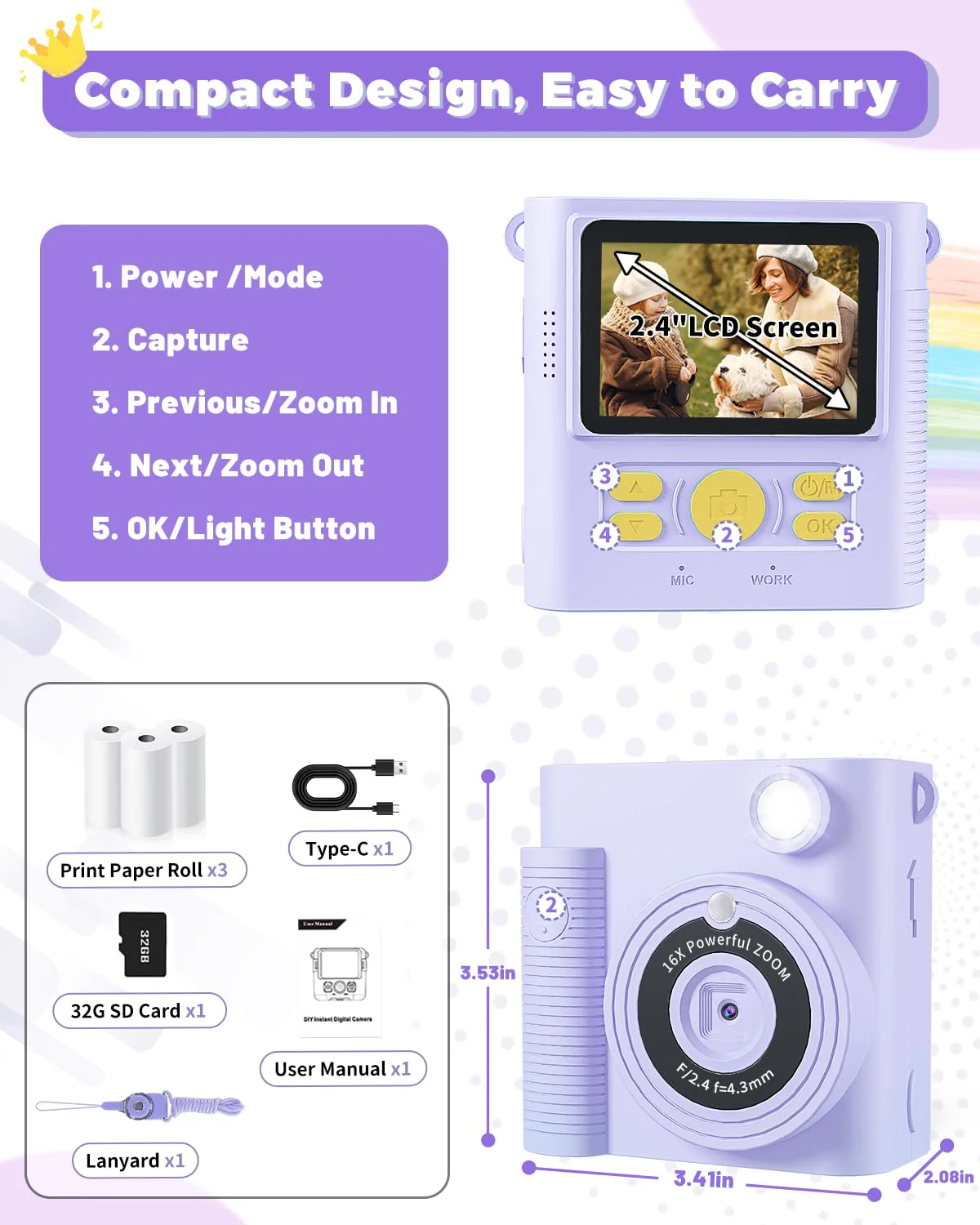 Kids Camera Instant Print, Christmas Birthday Gifts Girls Boys Aged 3-12, HD Digital Video Cameras Toddler, Instant Cameras for 3 4 5 6 7 8 9 10 Year Old Girls Boys with Print Paper Purple - Image 7