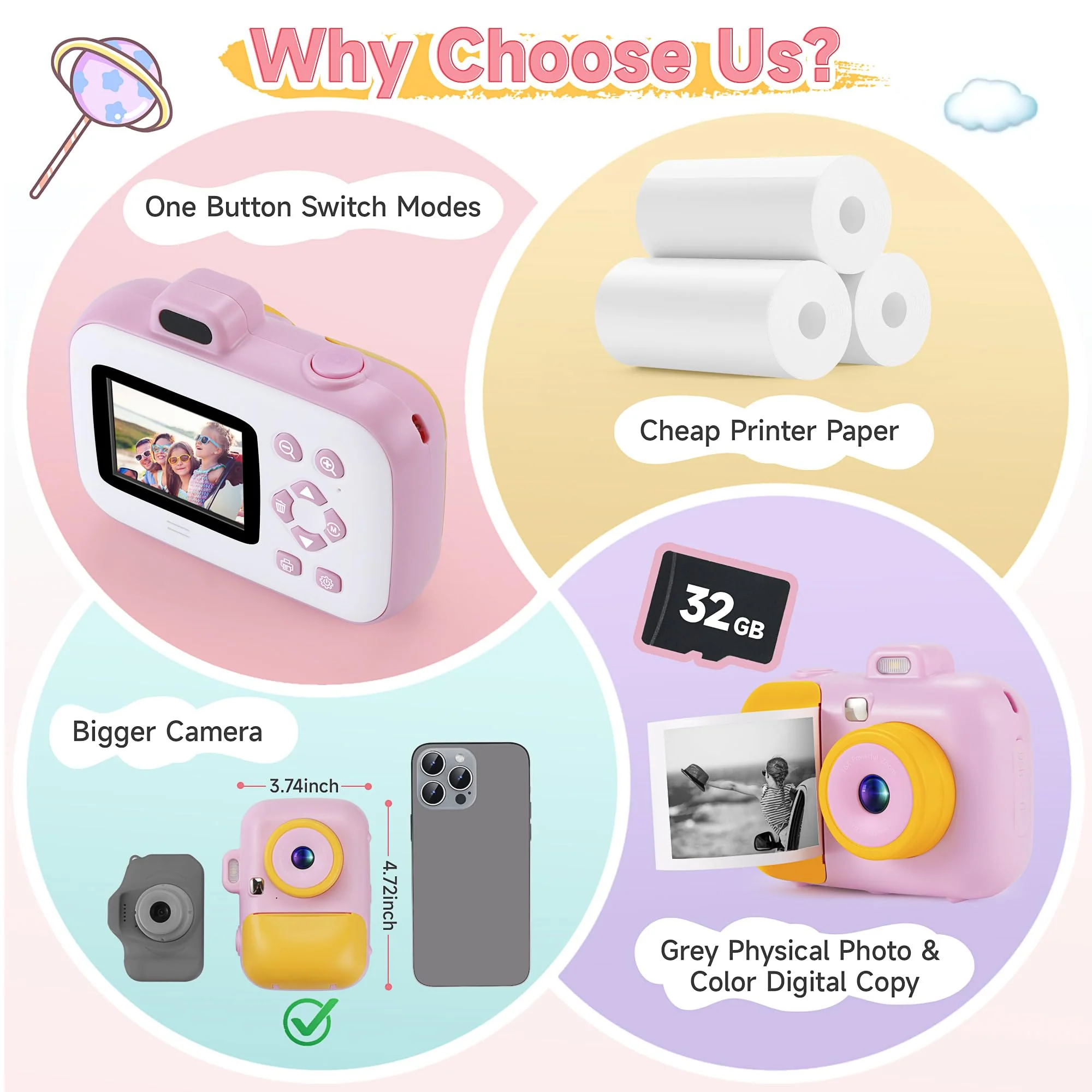 Kids Camera Instant Print for Girls Boys Age 3-12 Kids Toys, YEEHAO 12MP 1080P Kids Digital Cameras Christmas Birthday Gifts for 4 5 6 7 8 9 10 Year Old Girls, Toddler Camera Girls Toys - Image 2