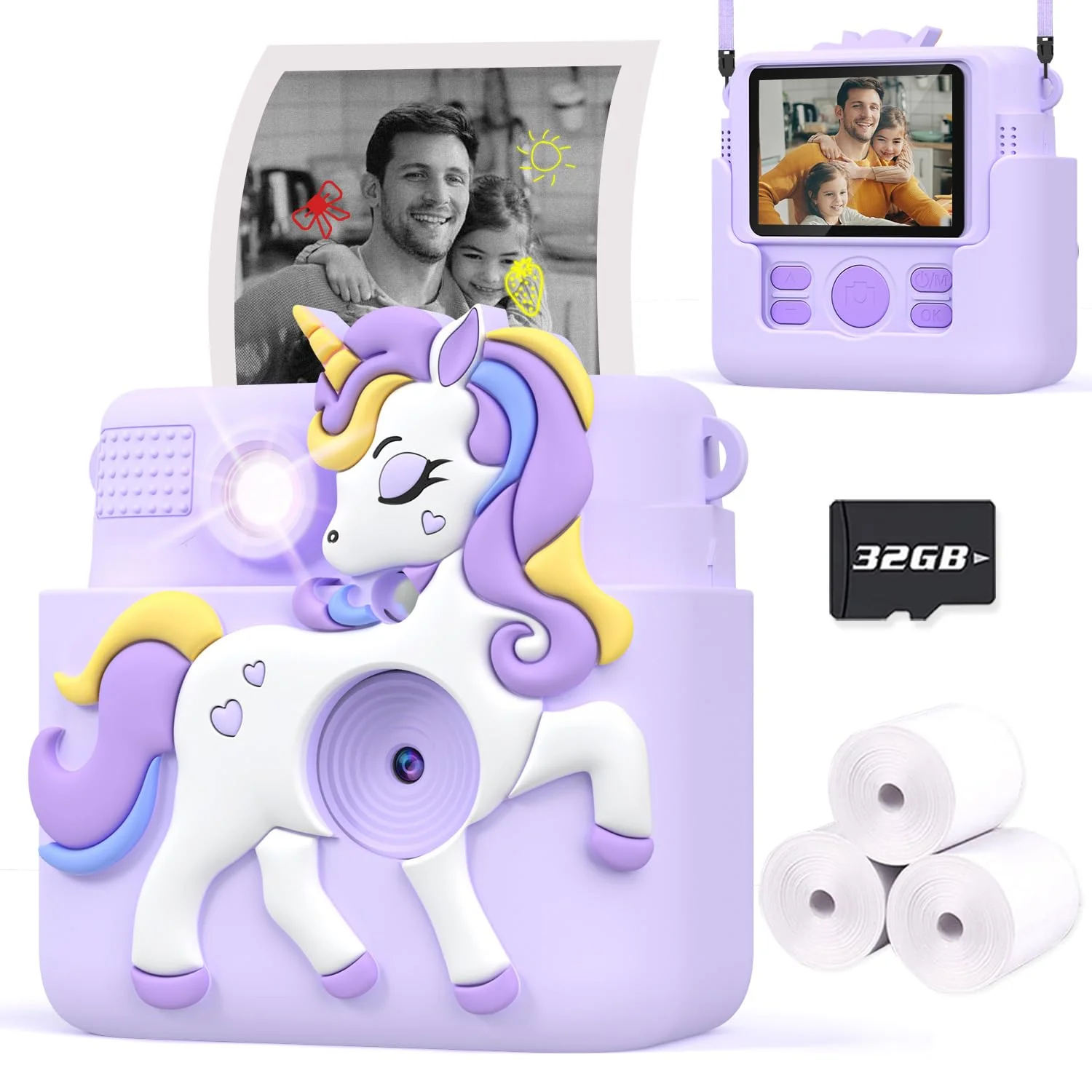 Kids Camera Instant Print Gifts for Girls Age 4-12, Instant Camera for Kids with Silicone Cover, 1080P Kids Digital Camera Toys for 3 4 5 6 7 8 9 10 Years Old Girls 32GB Card Lilac Purple