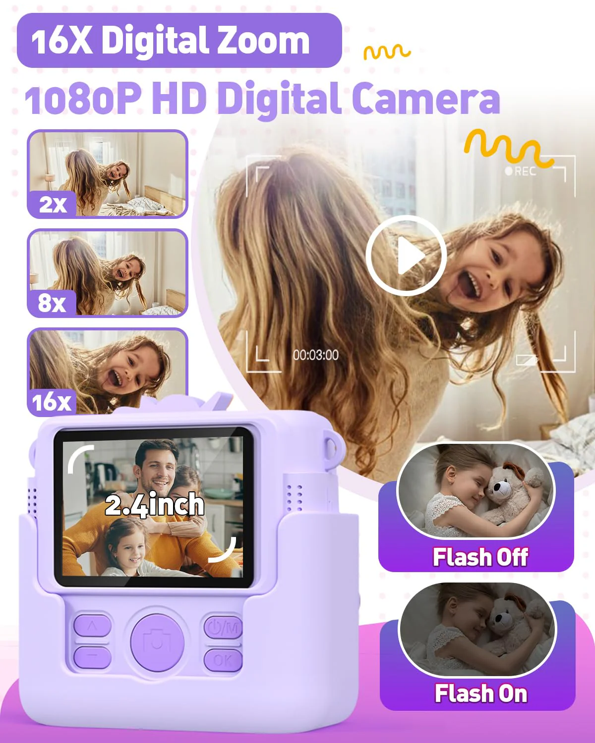 Kids Camera Instant Print Gifts for Girls Age 4-12, Instant Camera for Kids with Silicone Cover, 1080P Kids Digital Camera Toys for 3 4 5 6 7 8 9 10 Years Old Girls 32GB Card Lilac Purple - Image 4
