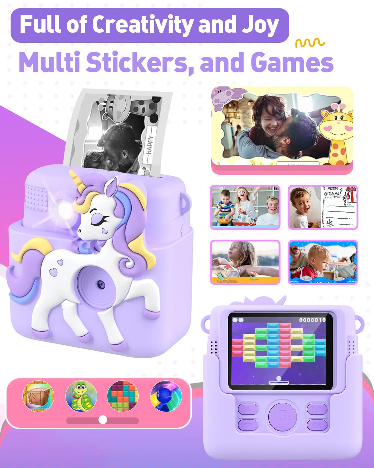 Kids Camera Instant Print Gifts for Girls Age 4-12, Instant Camera for Kids with Silicone Cover, 1080P Kids Digital Camera Toys for 3 4 5 6 7 8 9 10 Years Old Girls 32GB Card Lilac Purple - Image 5