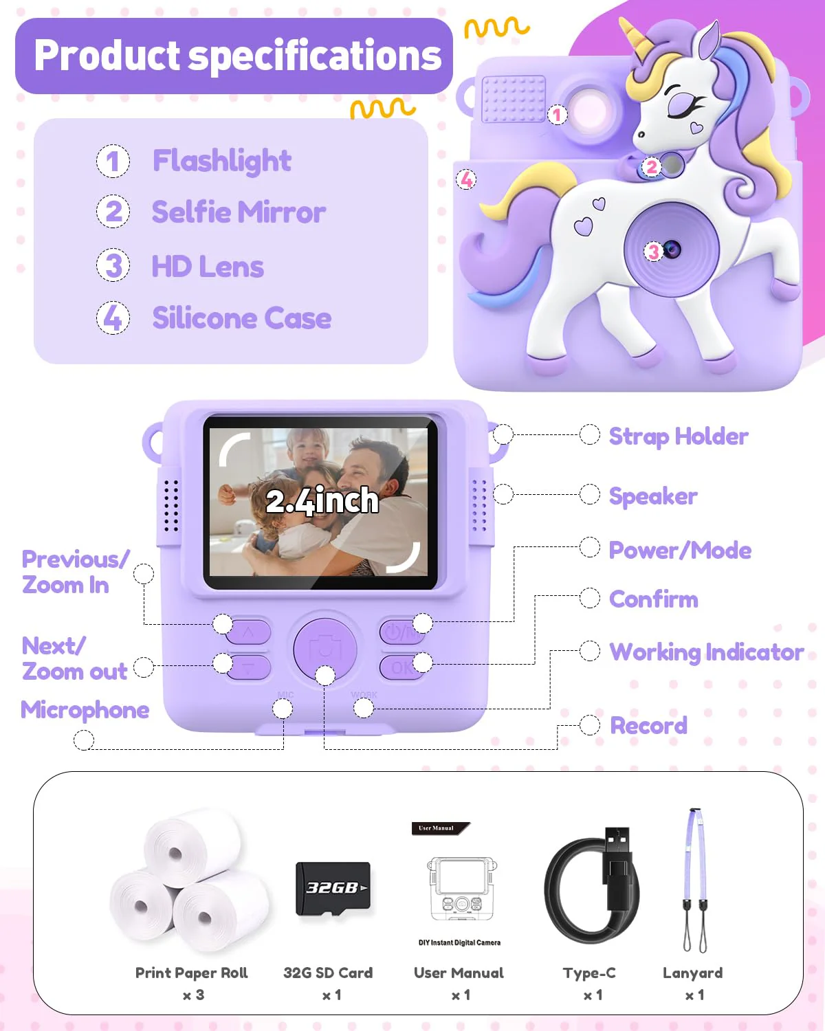Kids Camera Instant Print Gifts for Girls Age 4-12, Instant Camera for Kids with Silicone Cover, 1080P Kids Digital Camera Toys for 3 4 5 6 7 8 9 10 Years Old Girls 32GB Card Lilac Purple - Image 6