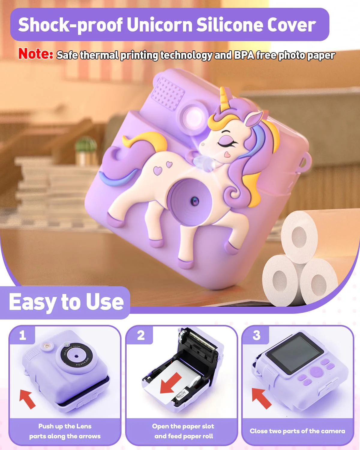 Kids Camera Instant Print Gifts for Girls Age 4-12, Instant Camera for Kids with Silicone Cover, 1080P Kids Digital Camera Toys for 3 4 5 6 7 8 9 10 Years Old Girls 32GB Card Lilac Purple - Image 7
