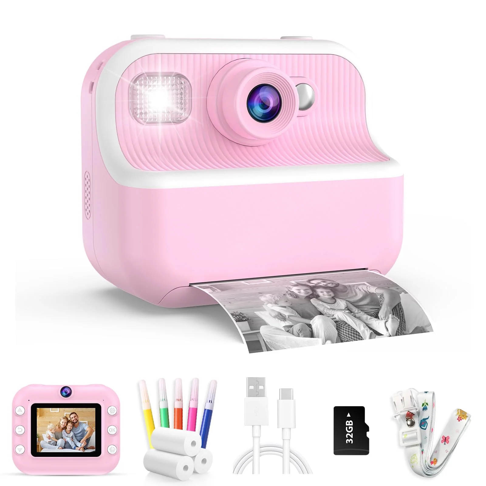 Kids Camera Instant Print Toys Toddler Cameras Printing Photos - 1080P Video Cameras - 12Mp Children Digital Selfie Camera Gift for Girls Boys Age 3-12 with 32GB SD Card (Pink) Pink