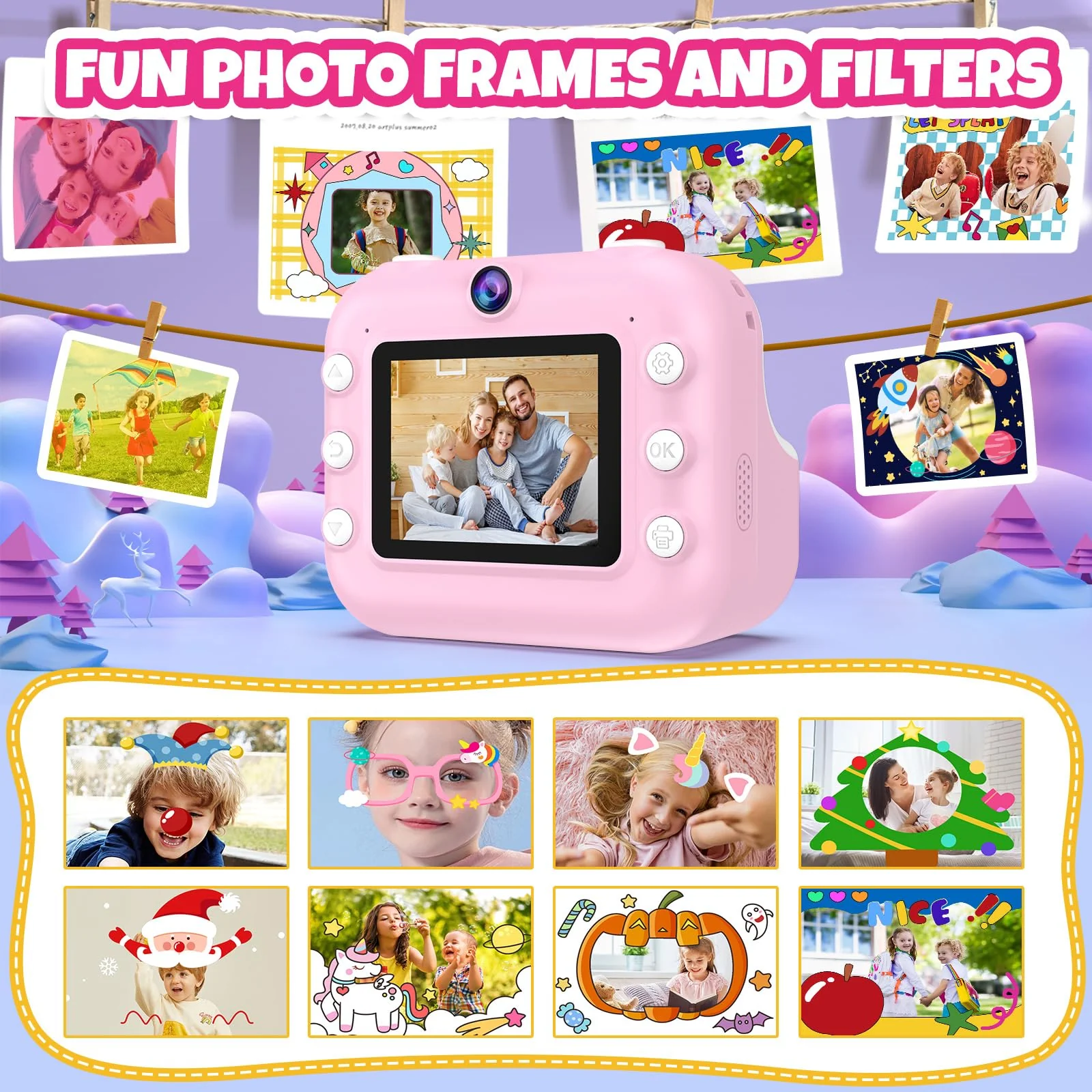 Kids Camera Instant Print Toys Toddler Cameras Printing Photos - 1080P Video Cameras - 12Mp Children Digital Selfie Camera Gift for Girls Boys Age 3-12 with 32GB SD Card (Pink) Pink - Image 4
