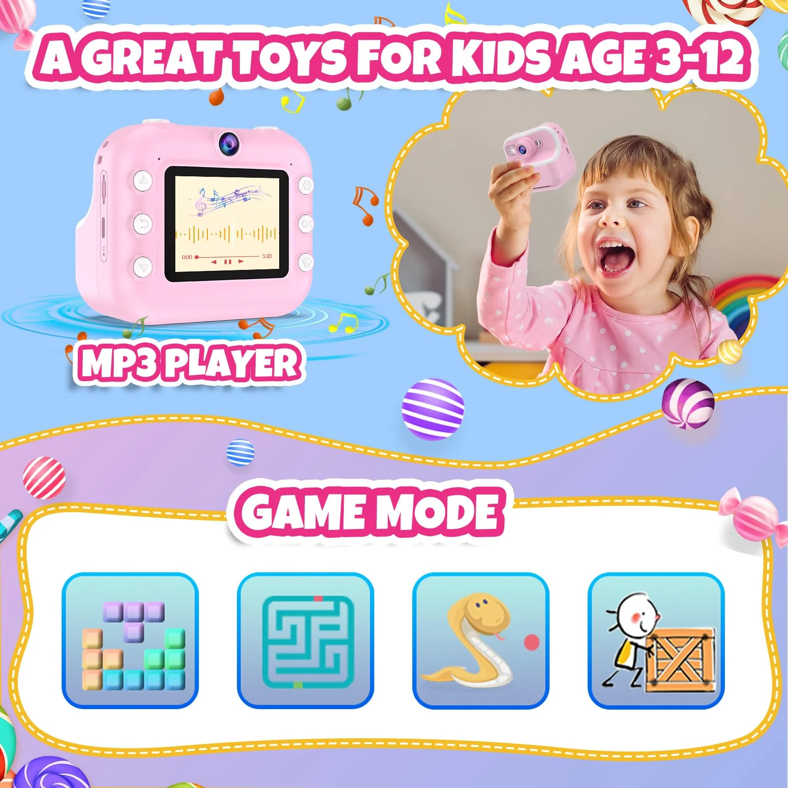 Kids Camera Instant Print Toys Toddler Cameras Printing Photos - 1080P Video Cameras - 12Mp Children Digital Selfie Camera Gift for Girls Boys Age 3-12 with 32GB SD Card (Pink) Pink - Image 7