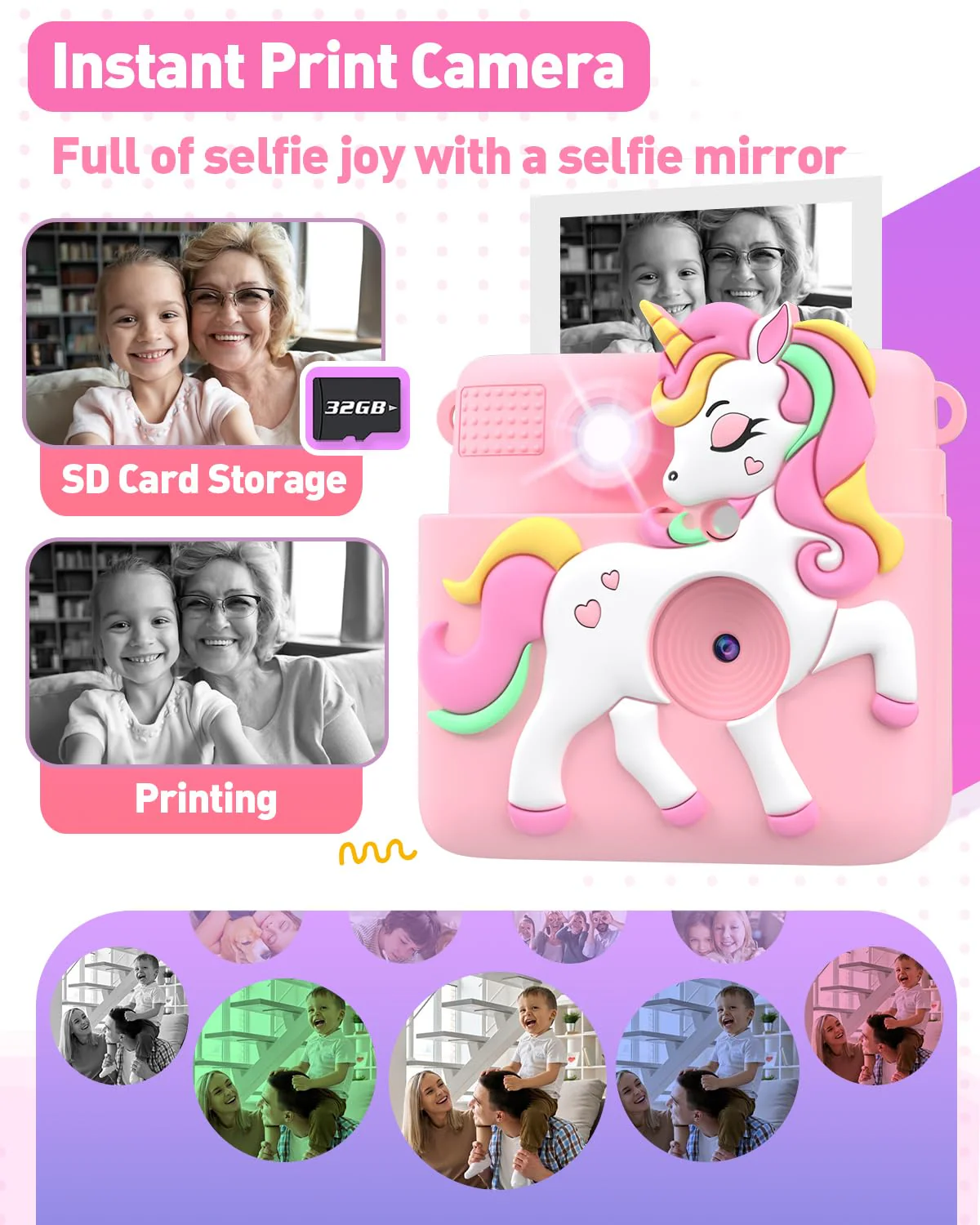 Kids Camera Instant Print with Silicone Cover, Creative Gifts for Girls Age 4-12 Birthday Christmas, 1080P Digital Camera Toy with 32GB SD Card - Pink - Image 3