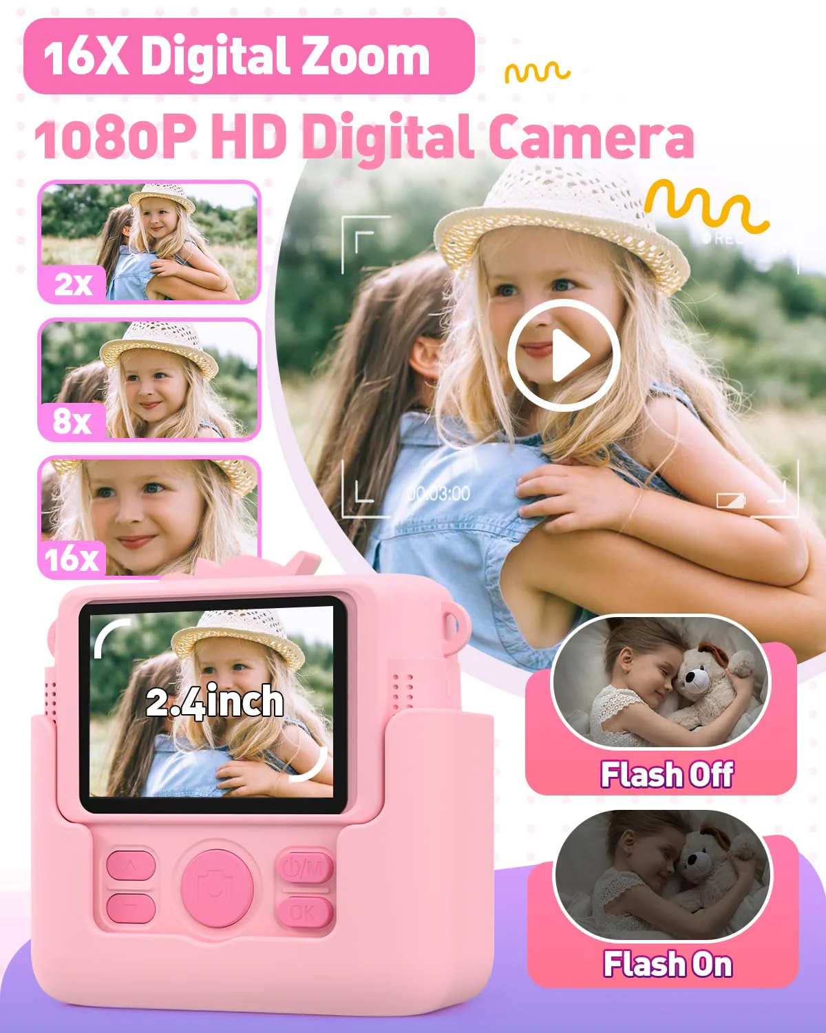 Kids Camera Instant Print with Silicone Cover, Creative Gifts for Girls Age 4-12 Birthday Christmas, 1080P Digital Camera Toy with 32GB SD Card - Pink - Image 4