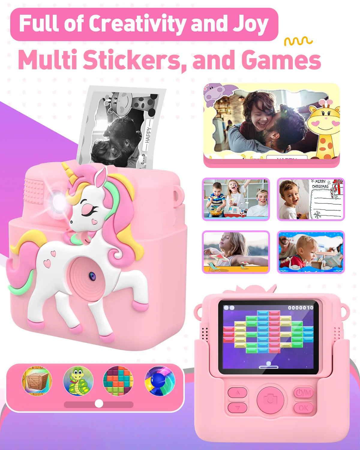 Kids Camera Instant Print with Silicone Cover, Creative Gifts for Girls Age 4-12 Birthday Christmas, 1080P Digital Camera Toy with 32GB SD Card - Pink - Image 5