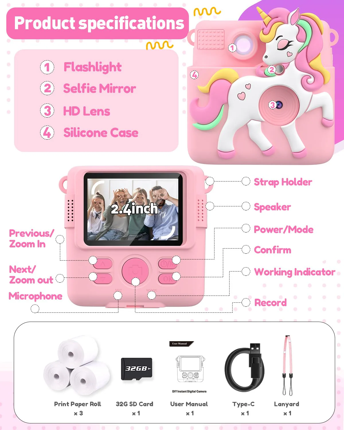 Kids Camera Instant Print with Silicone Cover, Creative Gifts for Girls Age 4-12 Birthday Christmas, 1080P Digital Camera Toy with 32GB SD Card - Pink - Image 6
