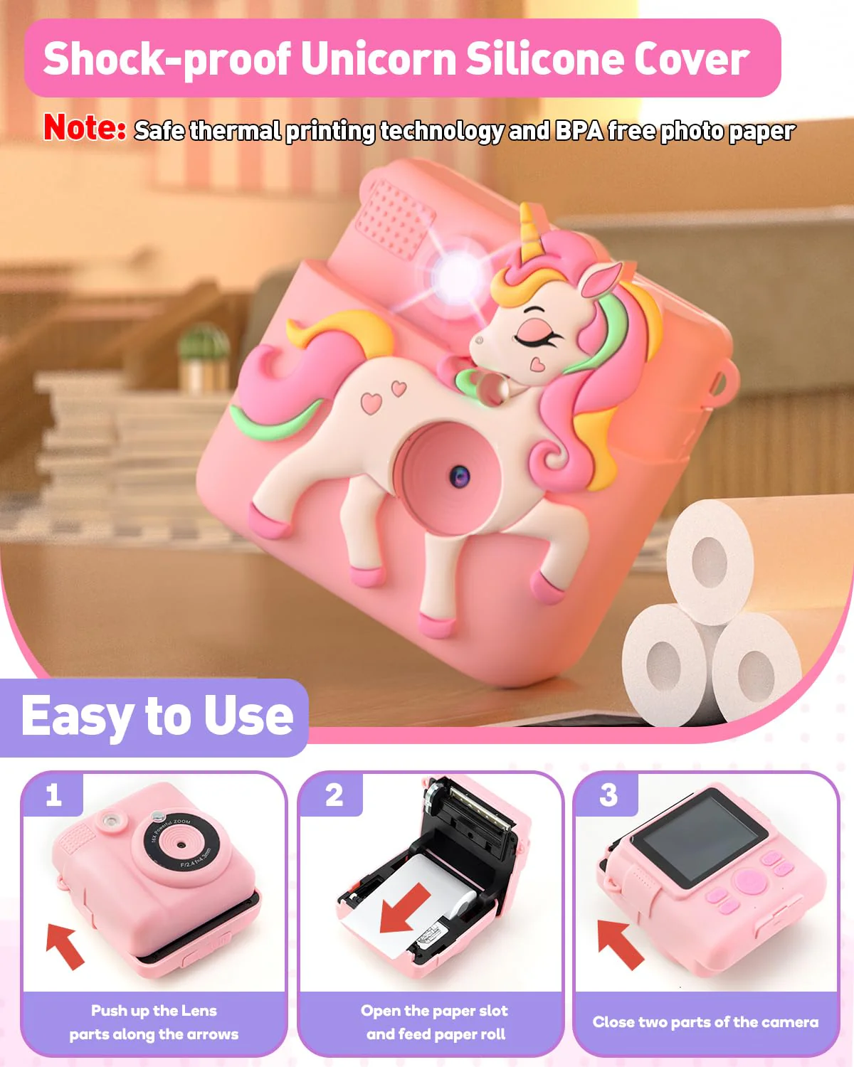 Kids Camera Instant Print with Silicone Cover, Creative Gifts for Girls Age 4-12 Birthday Christmas, 1080P Digital Camera Toy with 32GB SD Card - Pink - Image 7